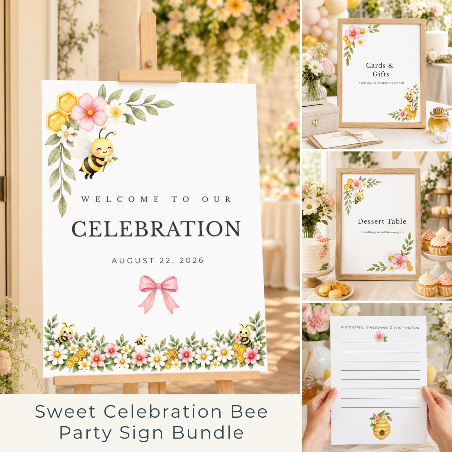 Party sign bundle features watercolor illustrations of a yellow and black bee, green leaves, pink flowers, white daisies, and yellow honeycombs. Edit in Canva.