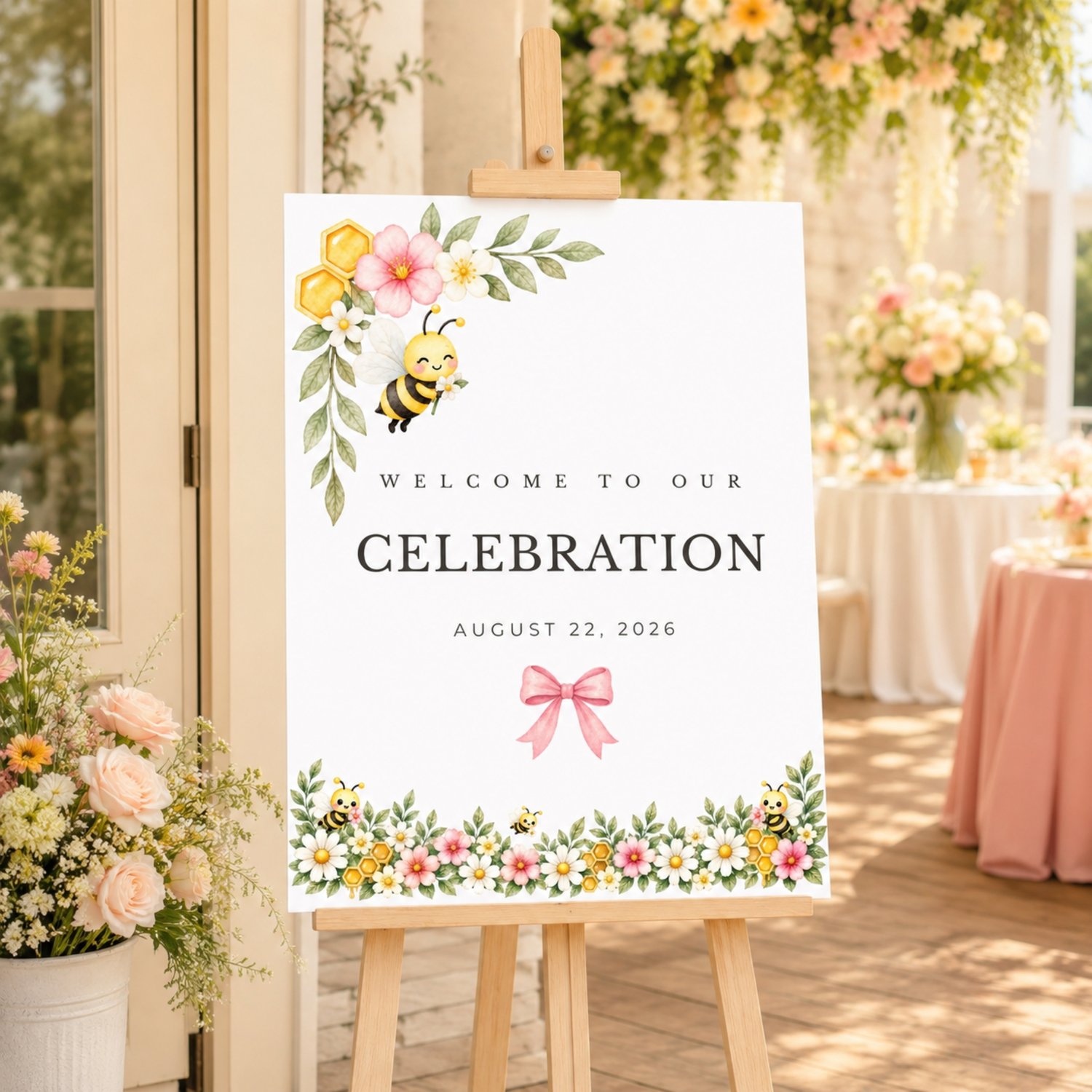 Party sign bundle features watercolor illustrations of a yellow and black bee, green leaves, pink flowers, white daisies, and yellow honeycombs. Edit in Canva.