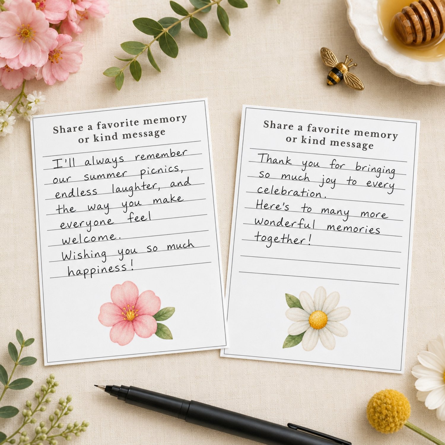 Party sign bundle features watercolor illustrations of a yellow and black bee, green leaves, pink flowers, white daisies, and yellow honeycombs. Edit in Canva.