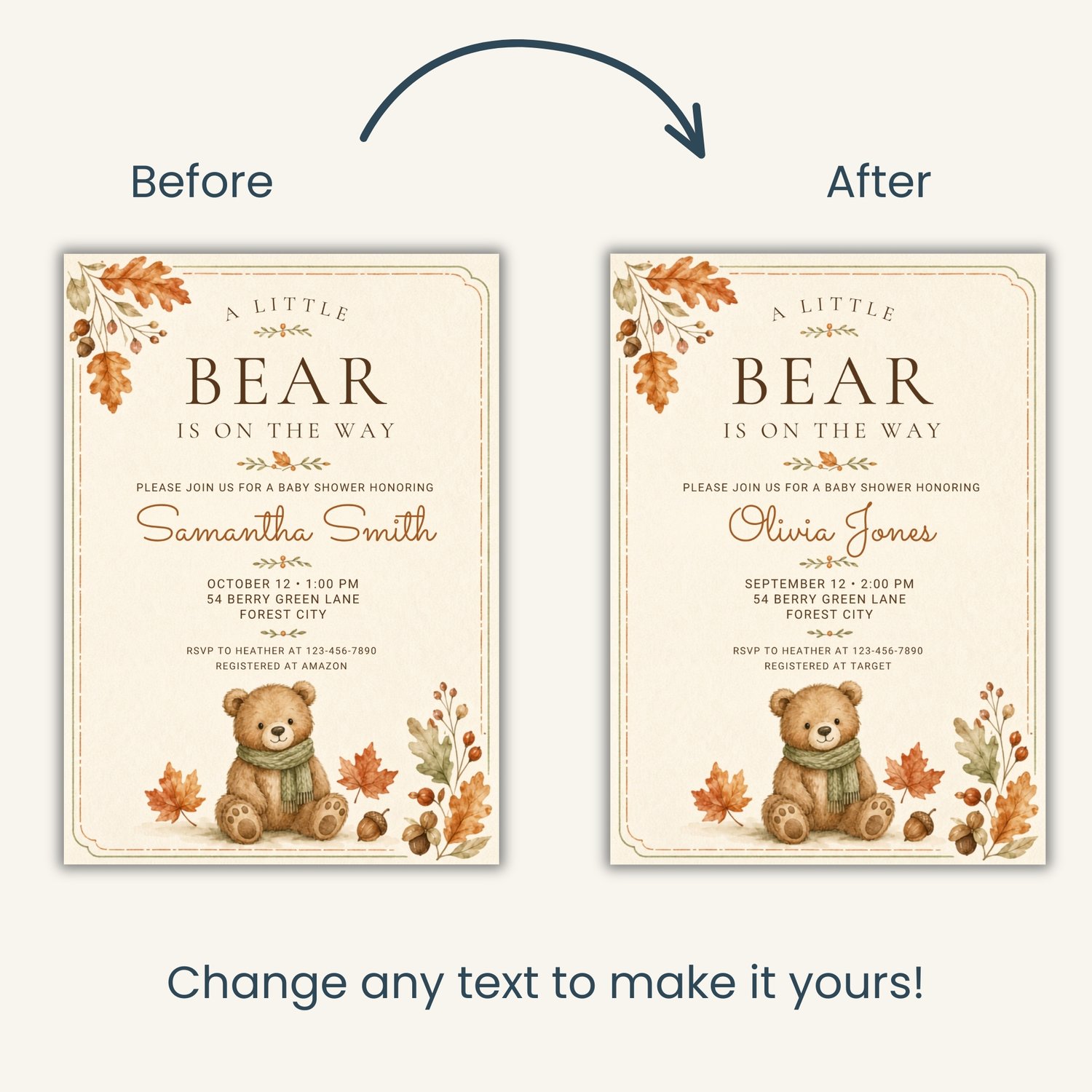 Editable 5 by 7 fall baby shower invitation featuring a watercolor teddy bear in a green scarf, autumn leaves and acorns with “A Little Bear Is on the Way” wording.