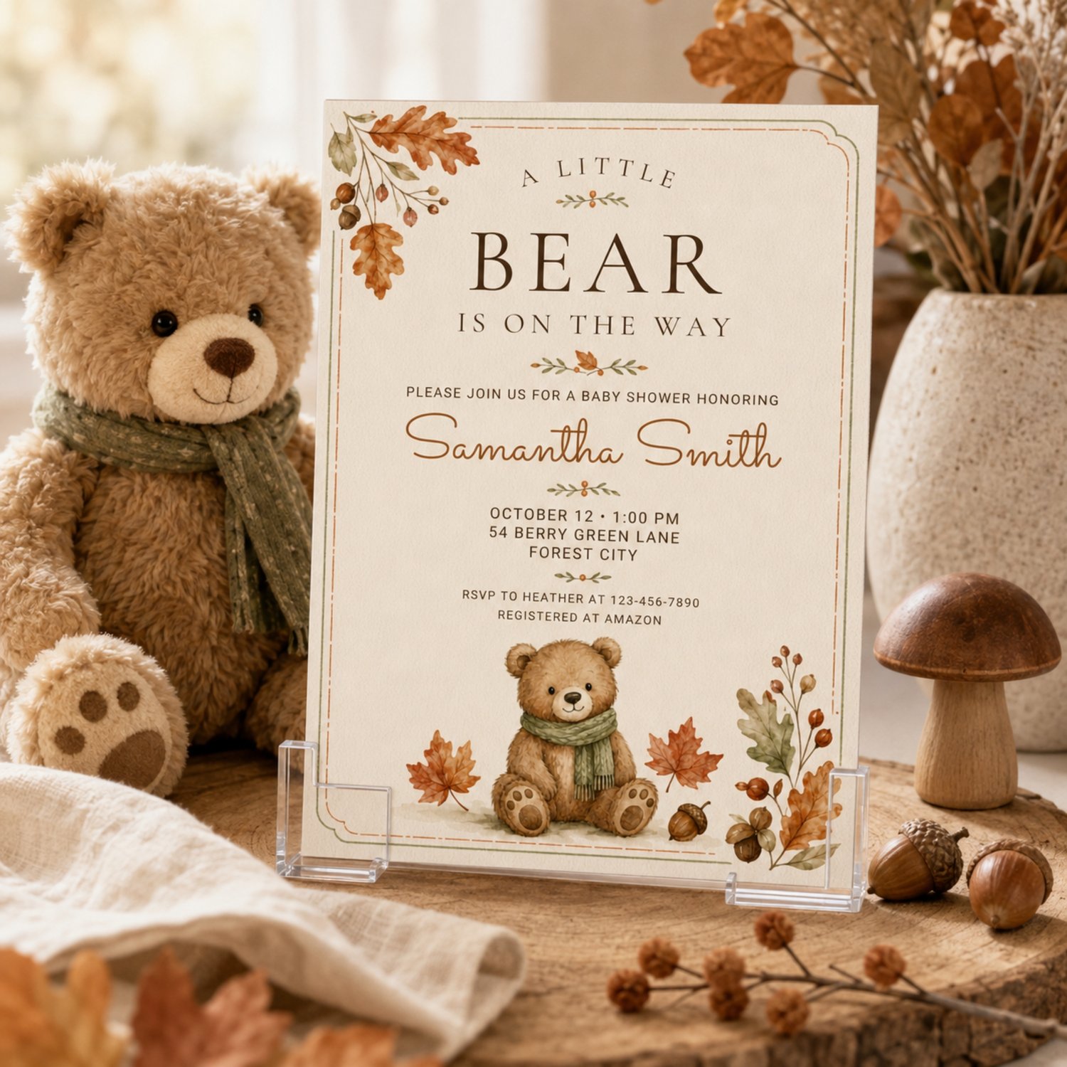 Editable 5 by 7 fall baby shower invitation featuring a watercolor teddy bear in a green scarf, autumn leaves and acorns with “A Little Bear Is on the Way” wording.