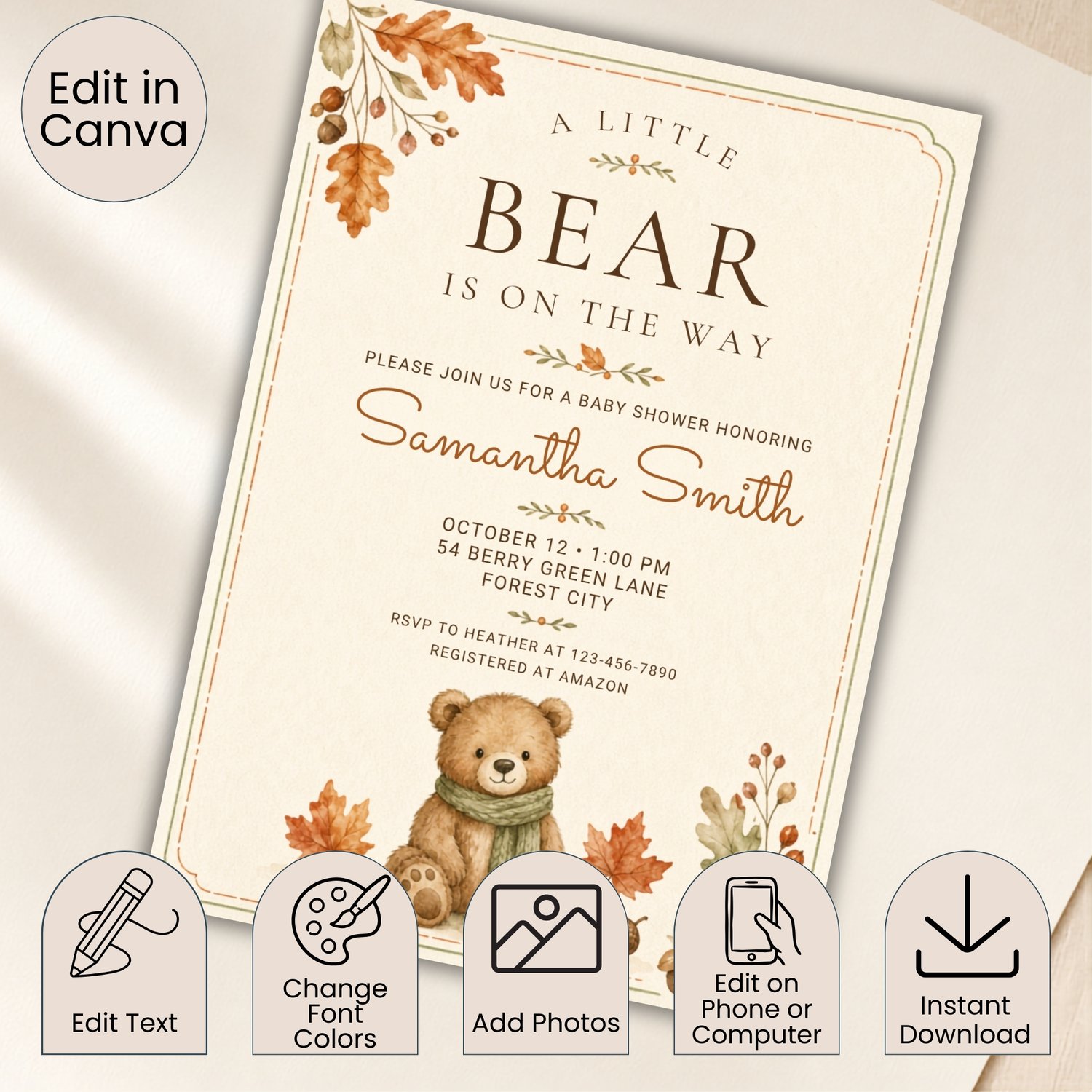 Editable 5 by 7 fall baby shower invitation featuring a watercolor teddy bear in a green scarf, autumn leaves and acorns with “A Little Bear Is on the Way” wording.