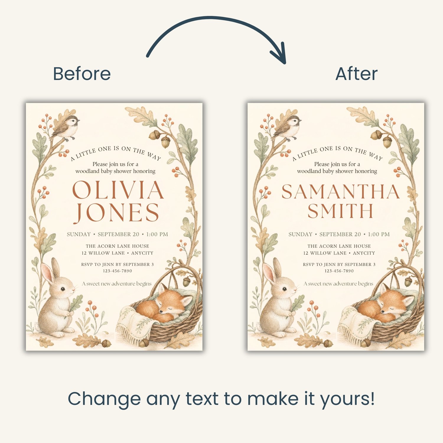 Editable 5 by 7 woodland baby shower invitation featuring a bunny, sleeping fox, bird, acorns, autumn leaves and neutral forest botanicals.