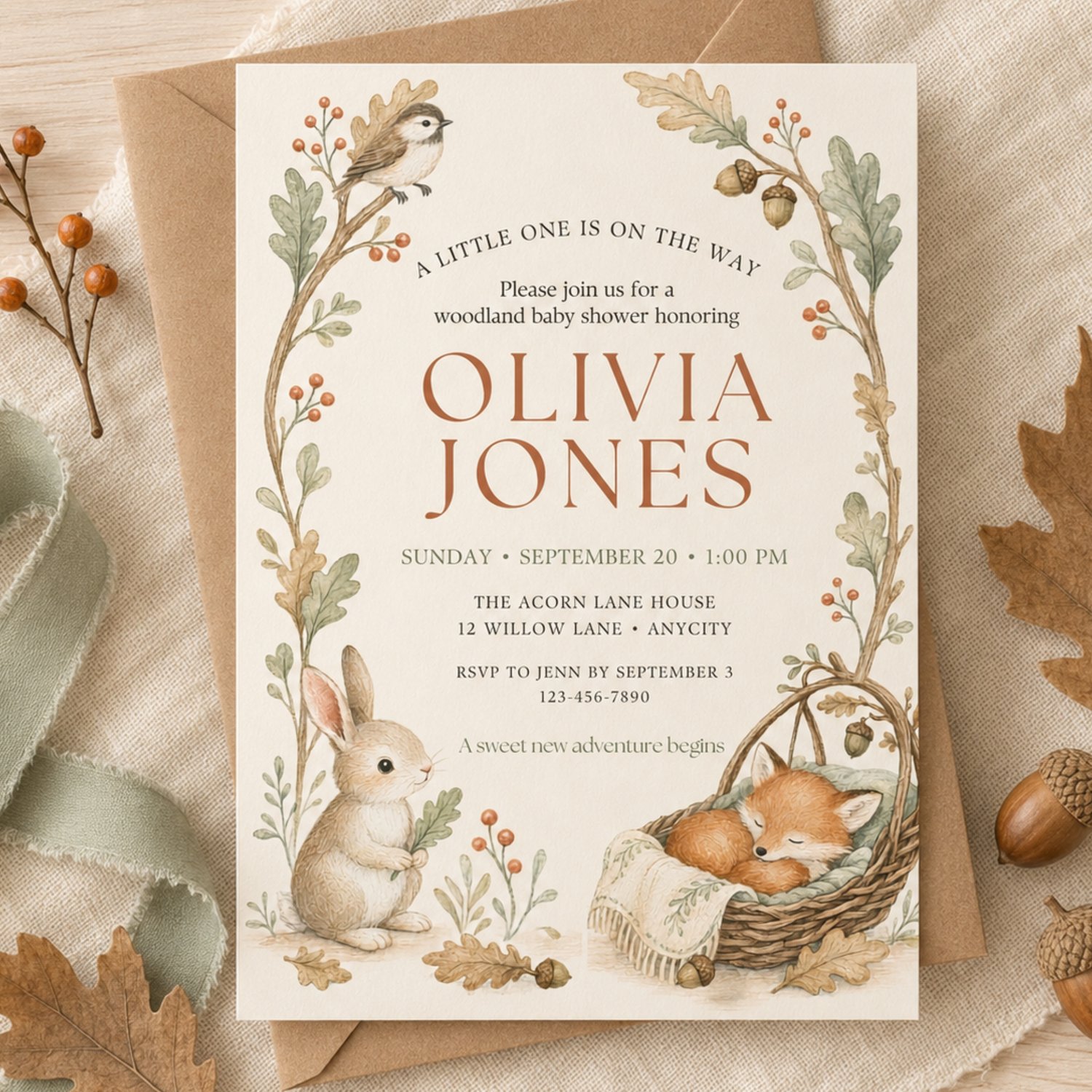 Editable 5 by 7 woodland baby shower invitation featuring a bunny, sleeping fox, bird, acorns, autumn leaves and neutral forest botanicals.