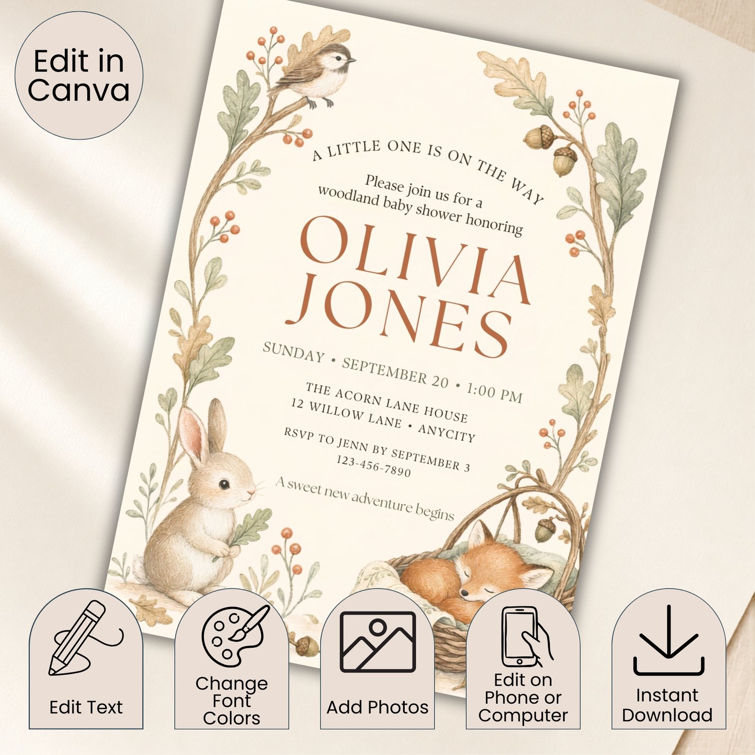 Editable 5 by 7 woodland baby shower invitation featuring a bunny, sleeping fox, bird, acorns, autumn leaves and neutral forest botanicals.