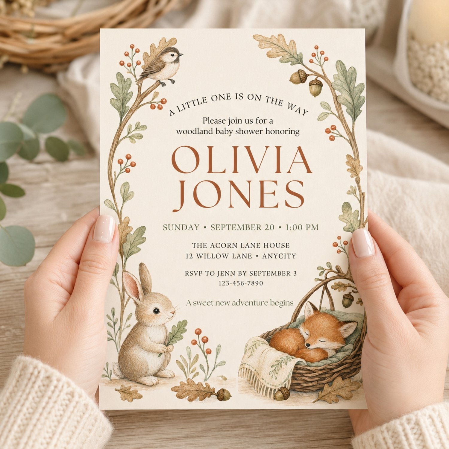 Editable 5 by 7 woodland baby shower invitation featuring a bunny, sleeping fox, bird, acorns, autumn leaves and neutral forest botanicals.