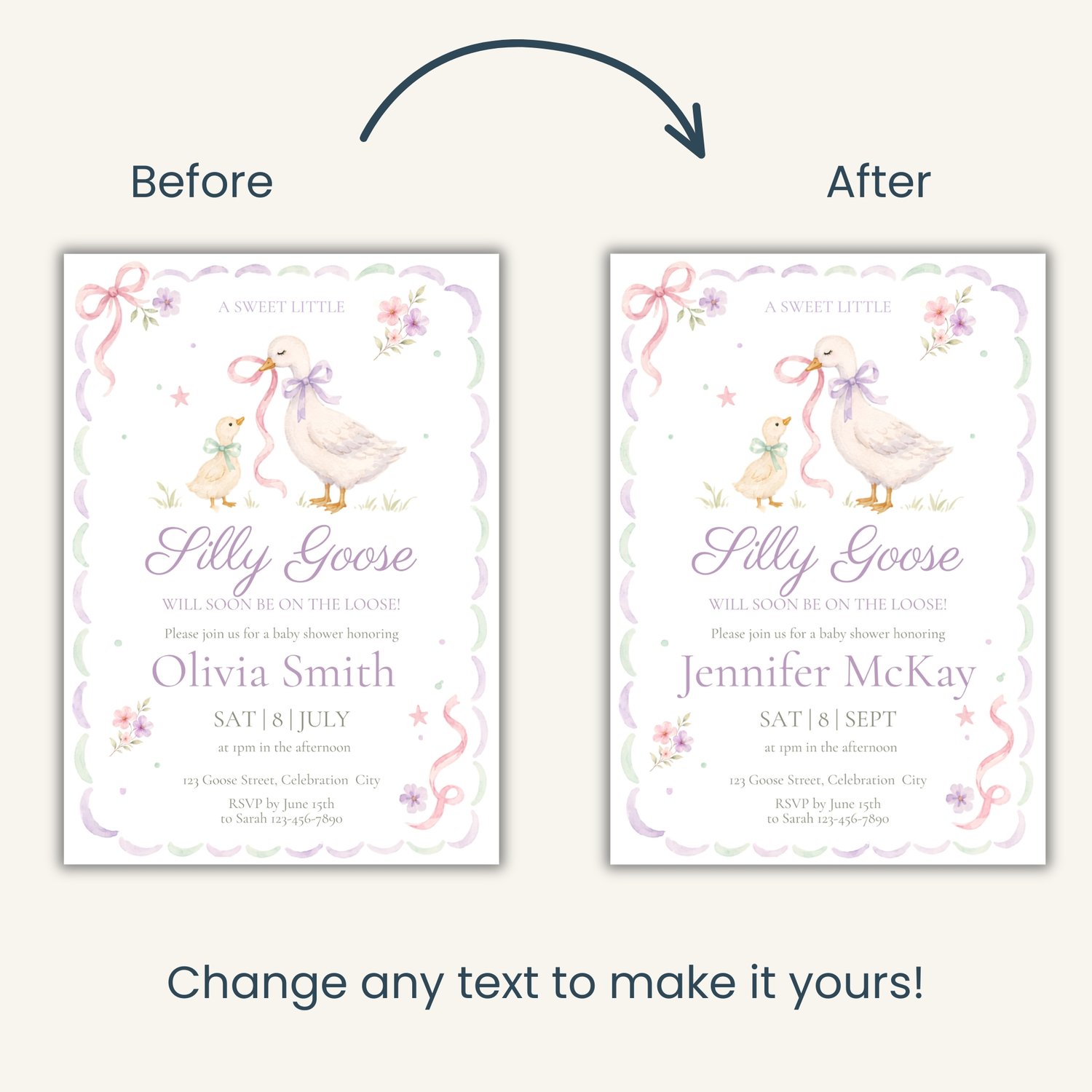 Pastel Silly Little Goose baby shower invitation featuring a watercolor mother goose and gosling, pink and purple bows, flowers, and editable event details.