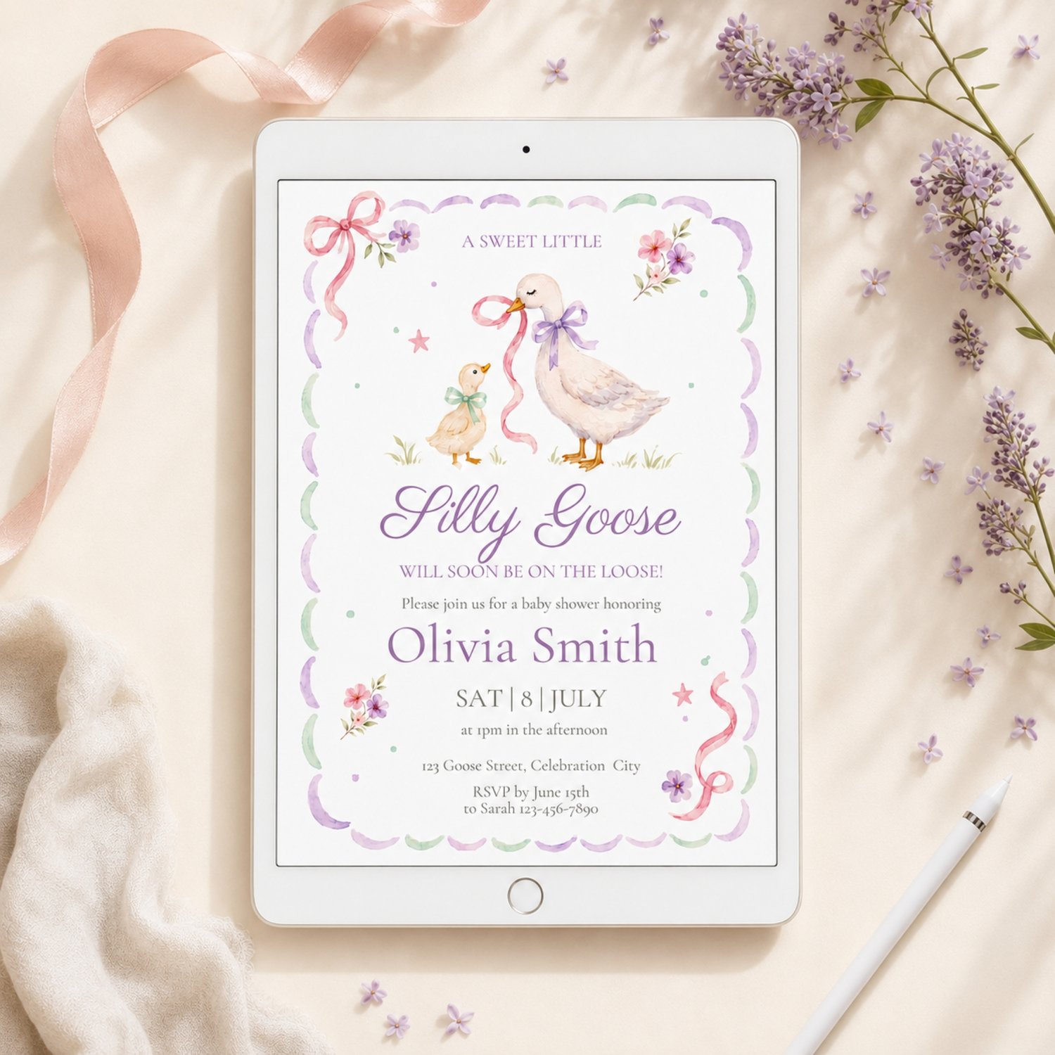 Pastel Silly Little Goose baby shower invitation featuring a watercolor mother goose and gosling, pink and purple bows, flowers, and editable event details.