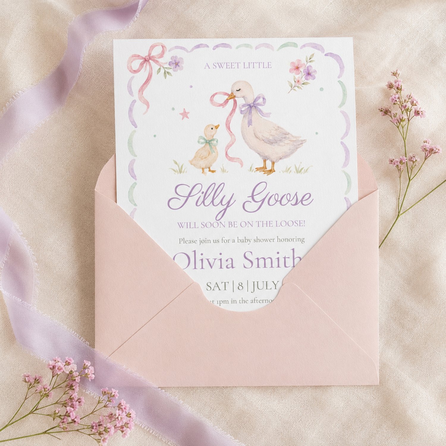 Pastel Silly Little Goose baby shower invitation featuring a watercolor mother goose and gosling, pink and purple bows, flowers, and editable event details.