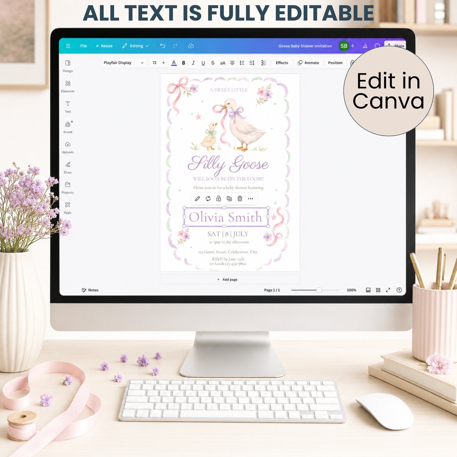 Pastel Silly Little Goose baby shower invitation featuring a watercolor mother goose and gosling, pink and purple bows, flowers, and editable event details.