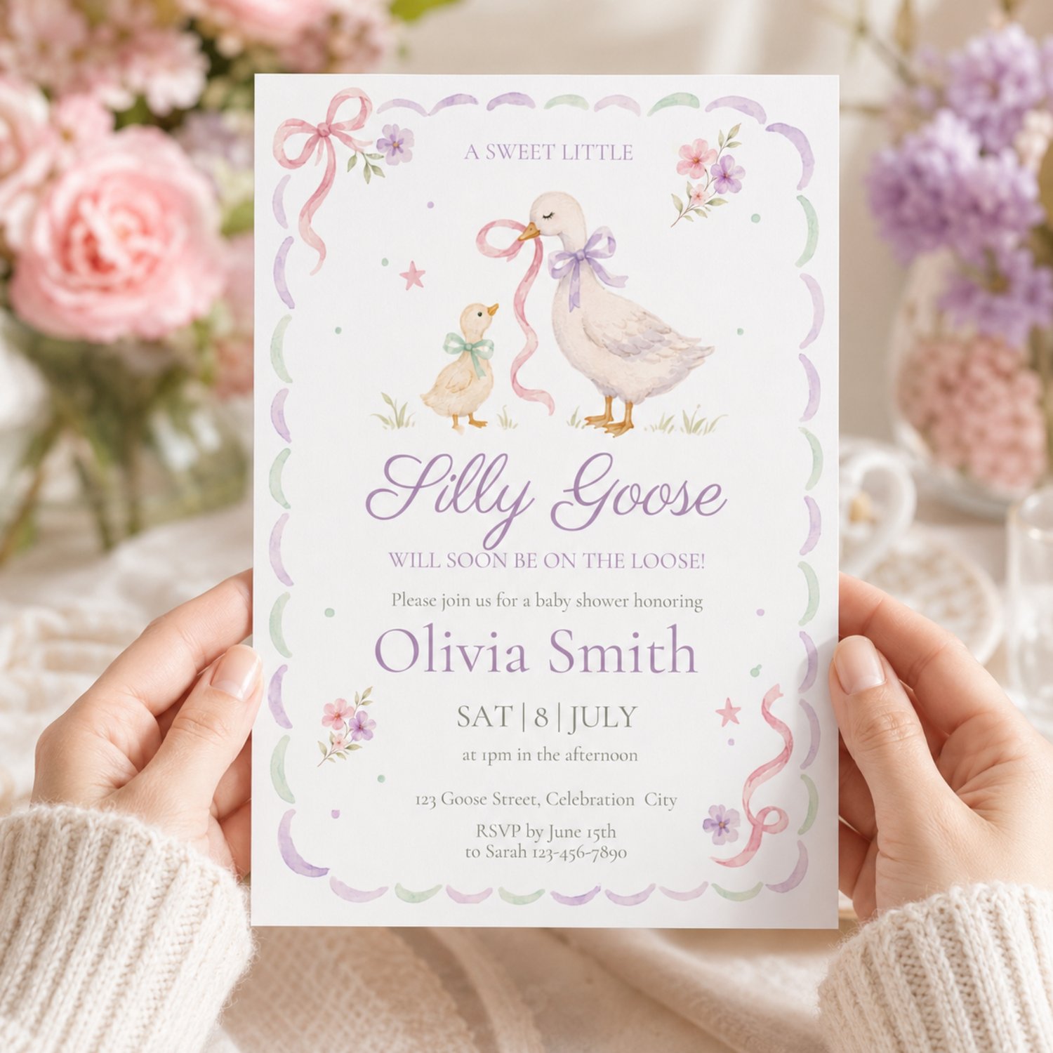 Pastel Silly Little Goose baby shower invitation featuring a watercolor mother goose and gosling, pink and purple bows, flowers, and editable event details.