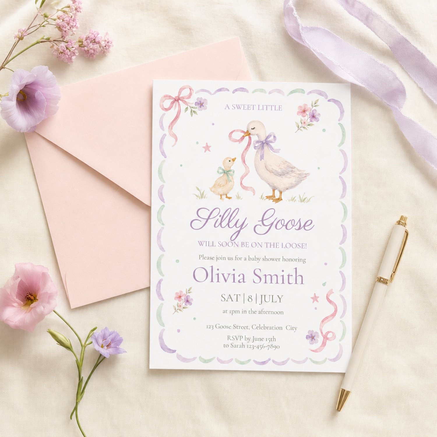 Pastel Silly Little Goose baby shower invitation featuring a watercolor mother goose and gosling, pink and purple bows, flowers, and editable event details.