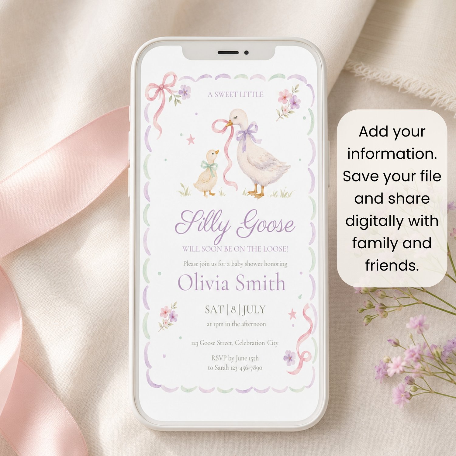 Pastel Silly Little Goose baby shower invitation featuring a watercolor mother goose and gosling, pink and purple bows, flowers, and editable event details.