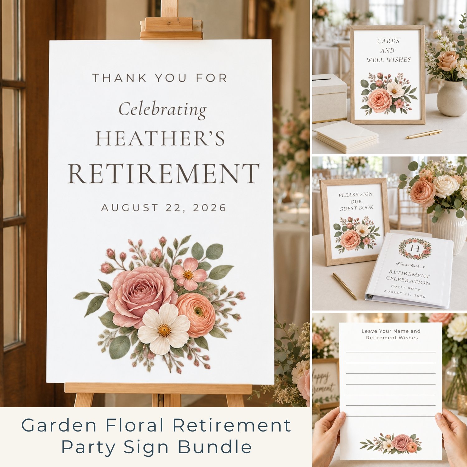 Garden floral retirement party printable bundle featuring editable Canva welcome and thank-you signs, tabletop party signs, advice and memory cards, and guest book pages in soft pink, peach and sage florals.