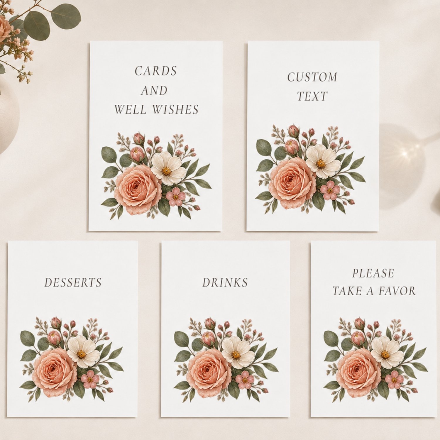 Garden floral retirement party printable bundle featuring editable Canva welcome and thank-you signs, tabletop party signs, advice and memory cards, and guest book pages in soft pink, peach and sage florals.