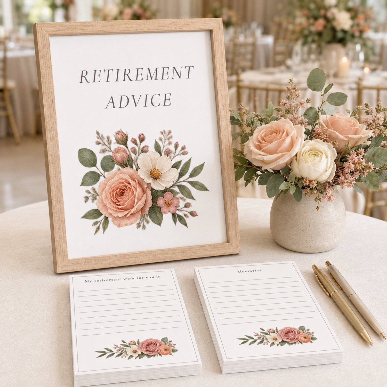 Garden floral retirement party printable bundle featuring editable Canva welcome and thank-you signs, tabletop party signs, advice and memory cards, and guest book pages in soft pink, peach and sage florals.