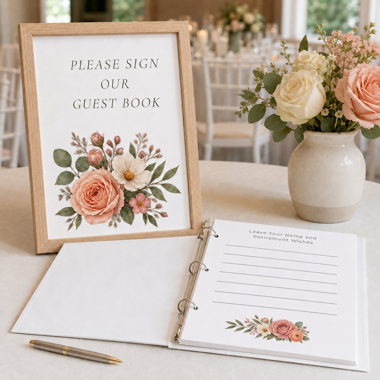 Garden floral retirement party printable bundle featuring editable Canva welcome and thank-you signs, tabletop party signs, advice and memory cards, and guest book pages in soft pink, peach and sage florals.
