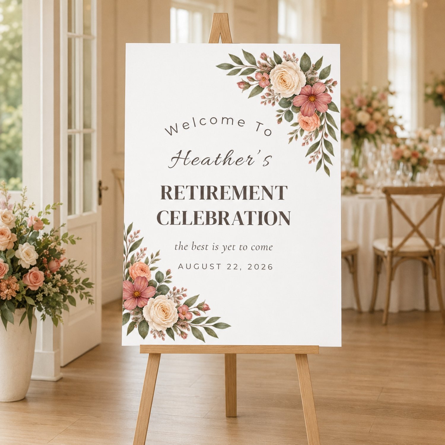 Garden floral retirement party printable bundle featuring editable Canva welcome and thank-you signs, tabletop party signs, advice and memory cards, and guest book pages in soft pink, peach and sage florals.