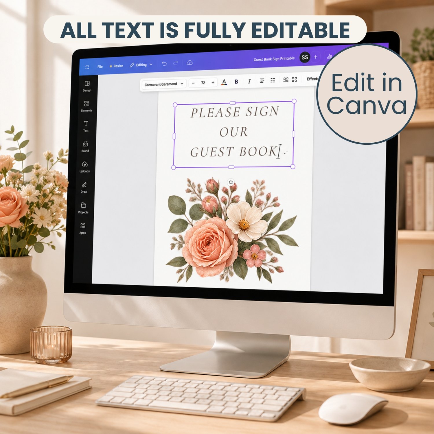 Garden floral retirement party printable bundle featuring editable Canva welcome and thank-you signs, tabletop party signs, advice and memory cards, and guest book pages in soft pink, peach and sage florals.