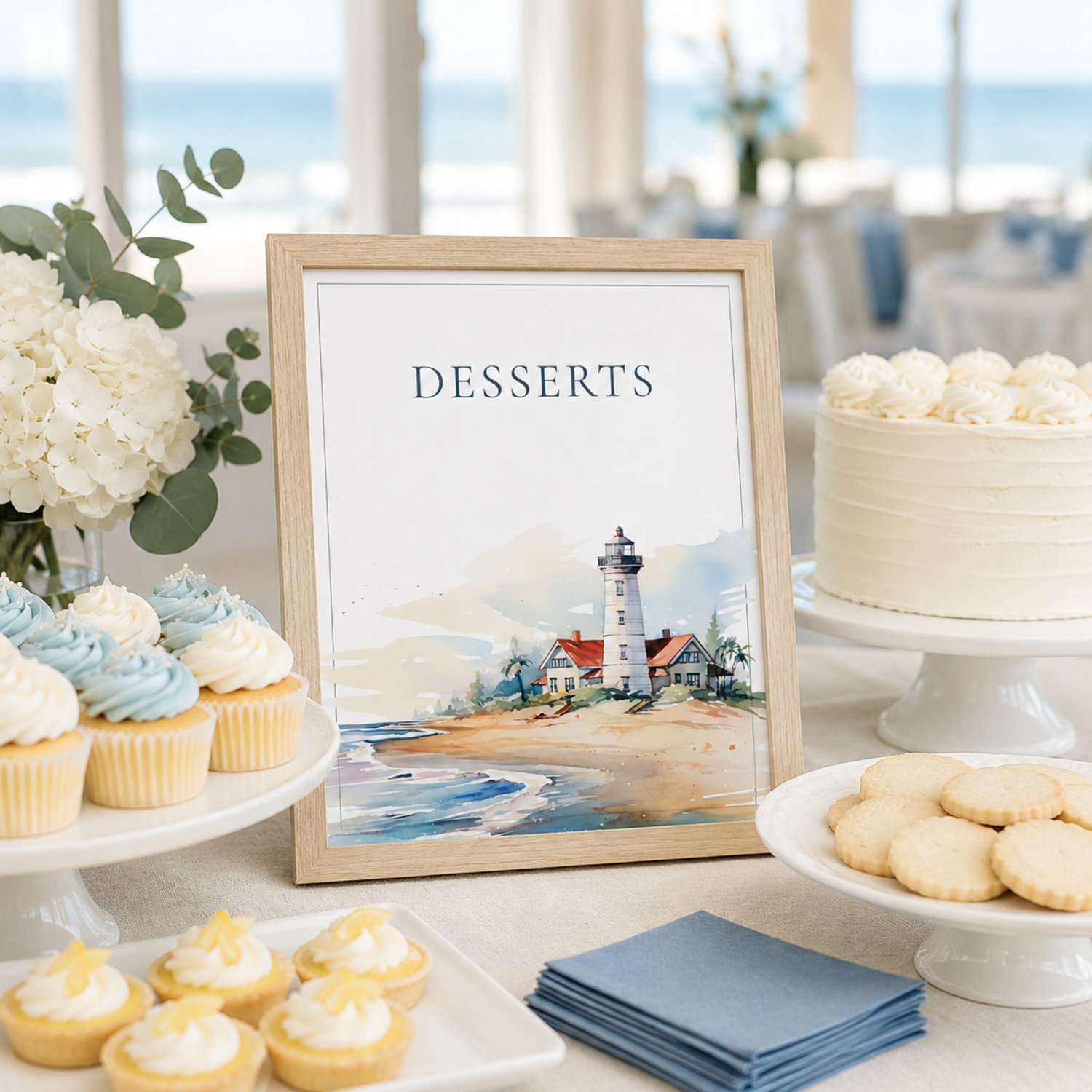 Coastal retirement party sign and activity bundle featuring editable Canva templates with watercolor lighthouse artwork, welcome and thank-you signs, tabletop party signs, advice cards and memory cards.
