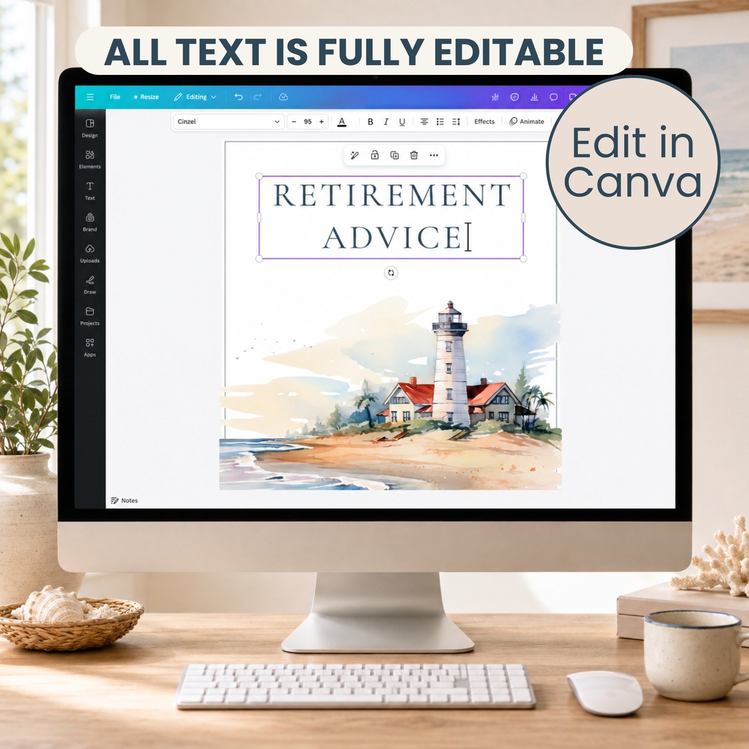 Coastal retirement party sign and activity bundle featuring editable Canva templates with watercolor lighthouse artwork, welcome and thank-you signs, tabletop party signs, advice cards and memory cards.