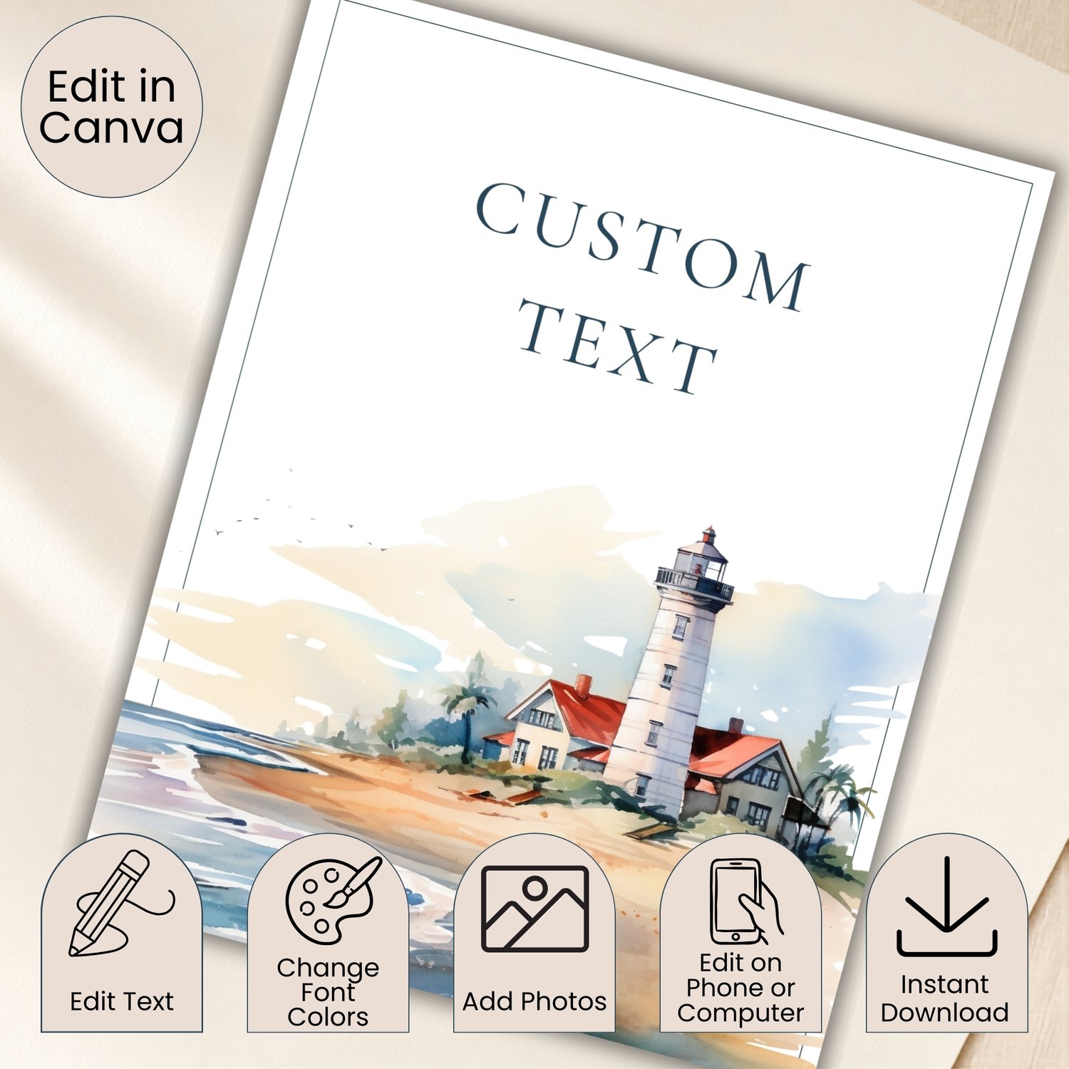 Coastal retirement party sign and activity bundle featuring editable Canva templates with watercolor lighthouse artwork, welcome and thank-you signs, tabletop party signs, advice cards and memory cards.