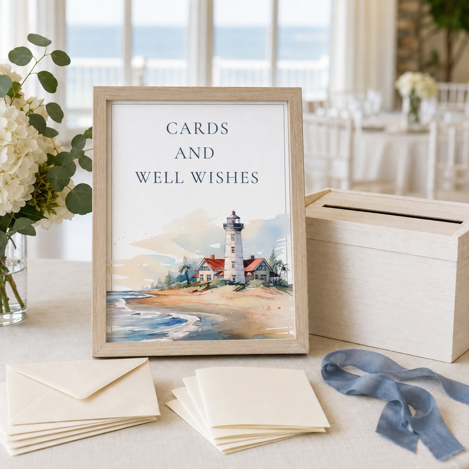 Coastal retirement party sign and activity bundle featuring editable Canva templates with watercolor lighthouse artwork, welcome and thank-you signs, tabletop party signs, advice cards and memory cards.