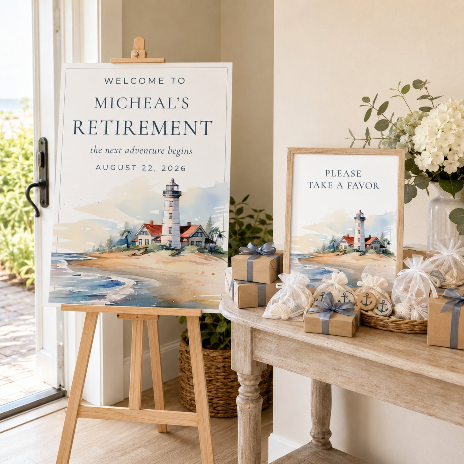 Coastal retirement party sign and activity bundle featuring editable Canva templates with watercolor lighthouse artwork, welcome and thank-you signs, tabletop party signs, advice cards and memory cards.