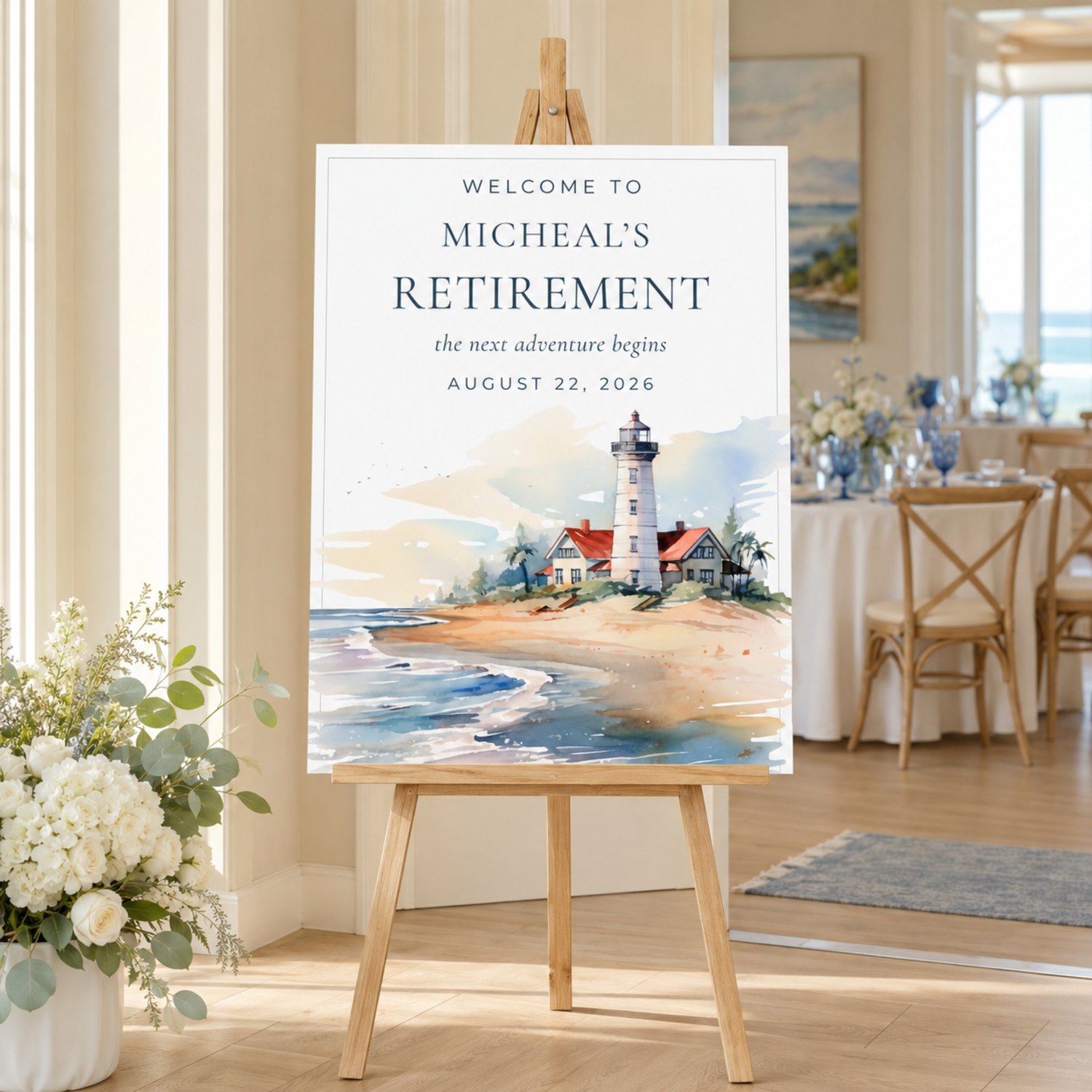 Coastal retirement party sign and activity bundle featuring editable Canva templates with watercolor lighthouse artwork, welcome and thank-you signs, tabletop party signs, advice cards and memory cards.