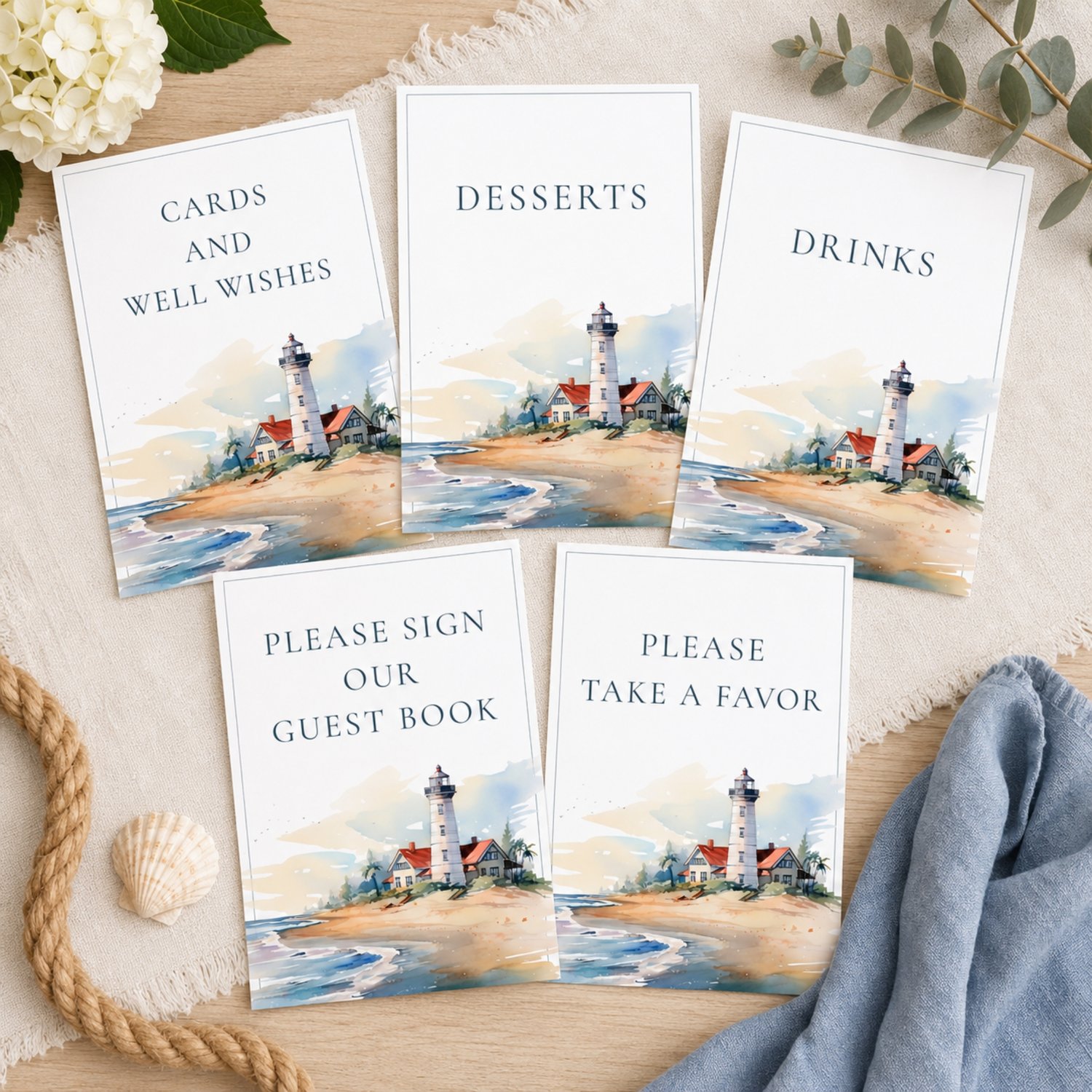 Coastal retirement party sign and activity bundle featuring editable Canva templates with watercolor lighthouse artwork, welcome and thank-you signs, tabletop party signs, advice cards and memory cards.