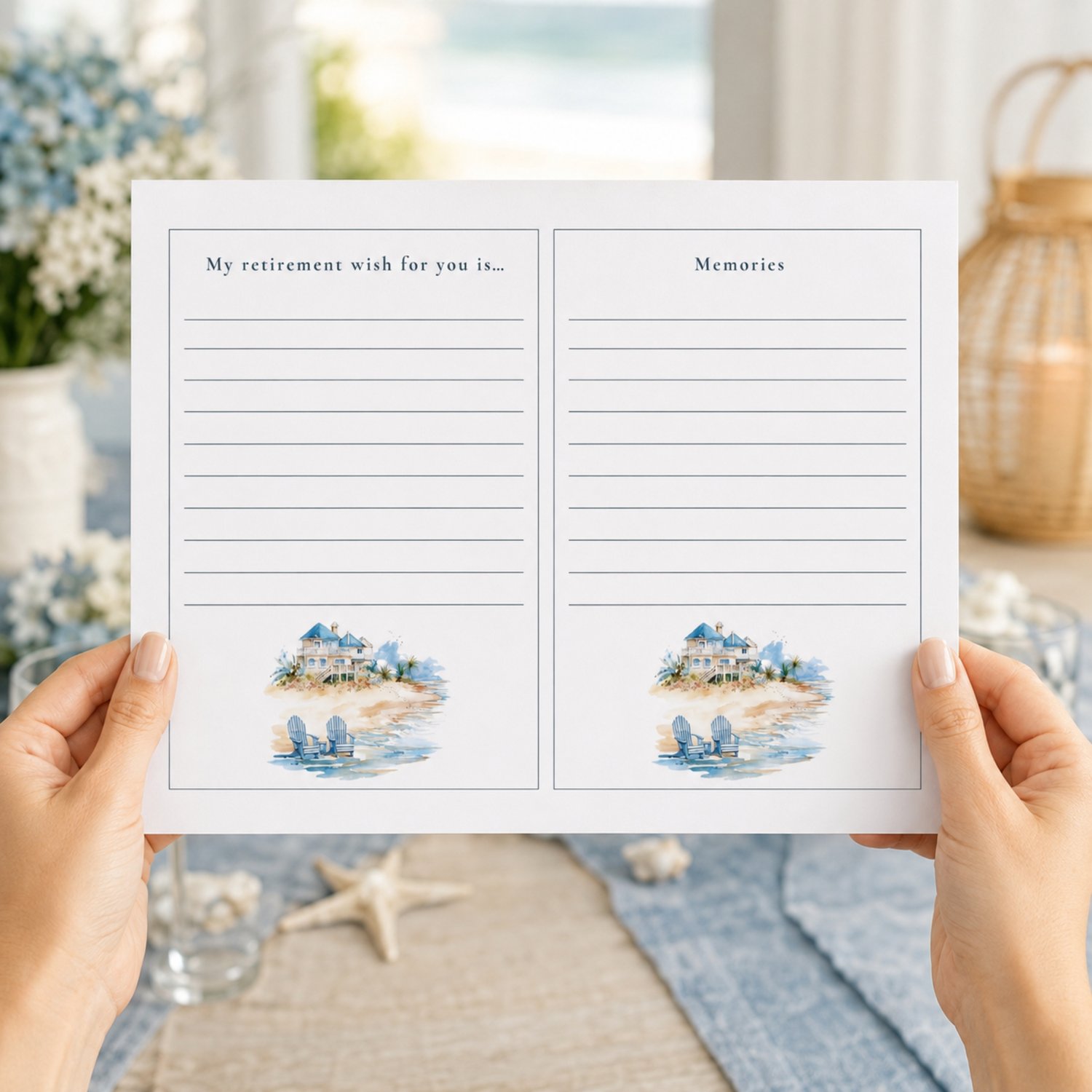 Coastal retirement party sign and activity bundle featuring editable Canva templates with watercolor lighthouse artwork, welcome and thank-you signs, tabletop party signs, advice cards and memory cards.