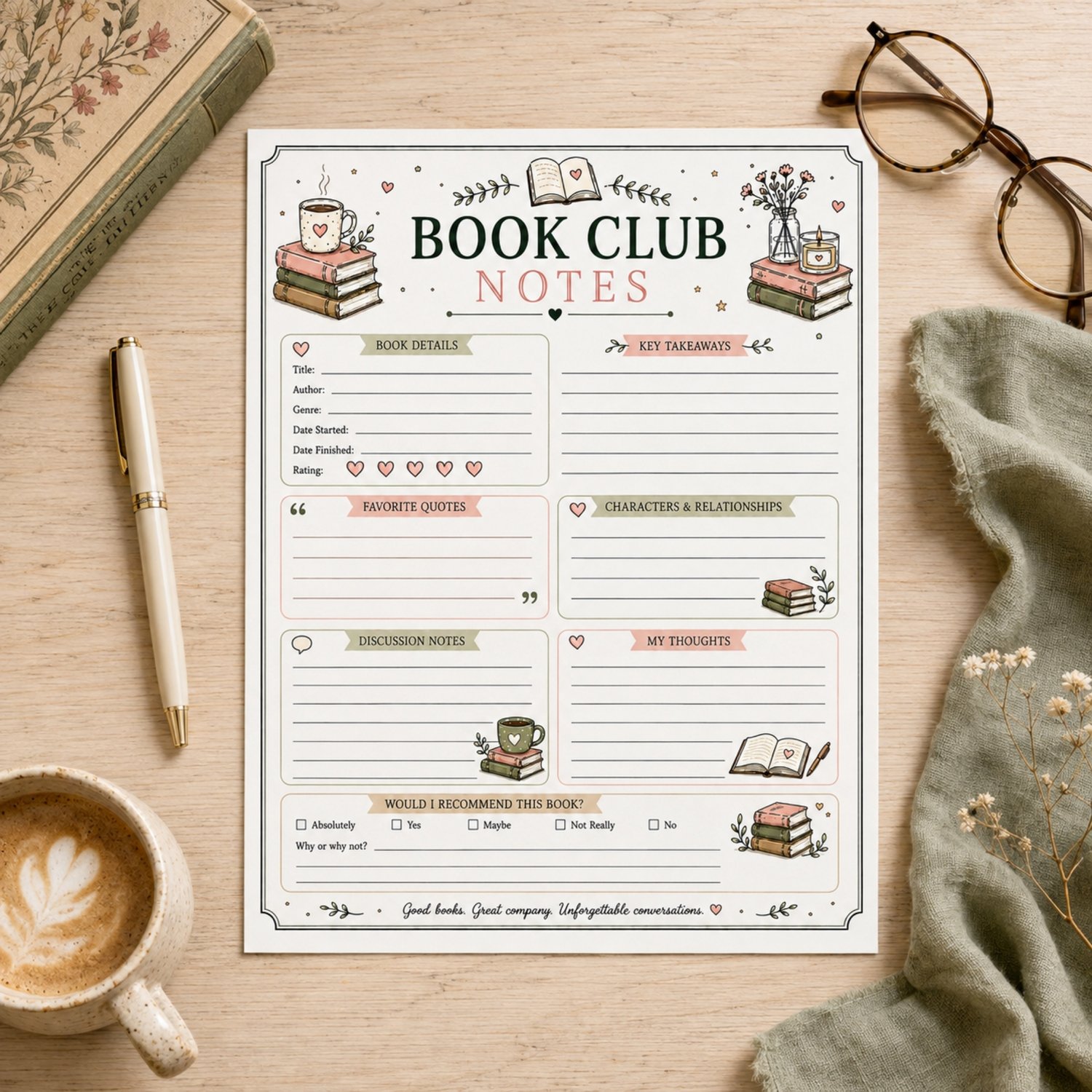Cozy printable book club notes page with sections for book details, rating, key takeaways, favourite quotes, characters, discussion notes, personal thoughts and recommendation, decorated with books, flowers, candles and coffee in muted pink and green.
