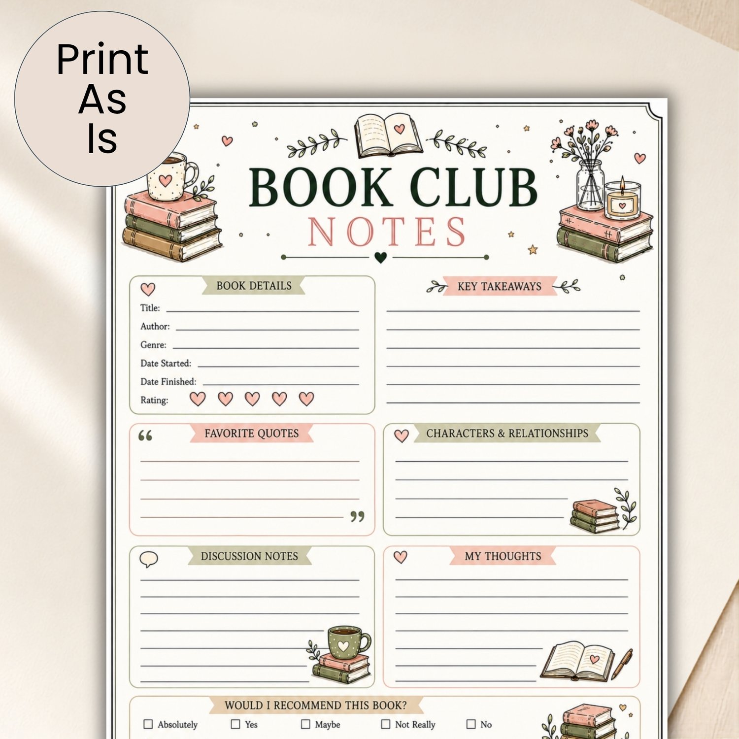 Cozy printable book club notes page with sections for book details, rating, key takeaways, favourite quotes, characters, discussion notes, personal thoughts and recommendation, decorated with books, flowers, candles and coffee in muted pink and green.