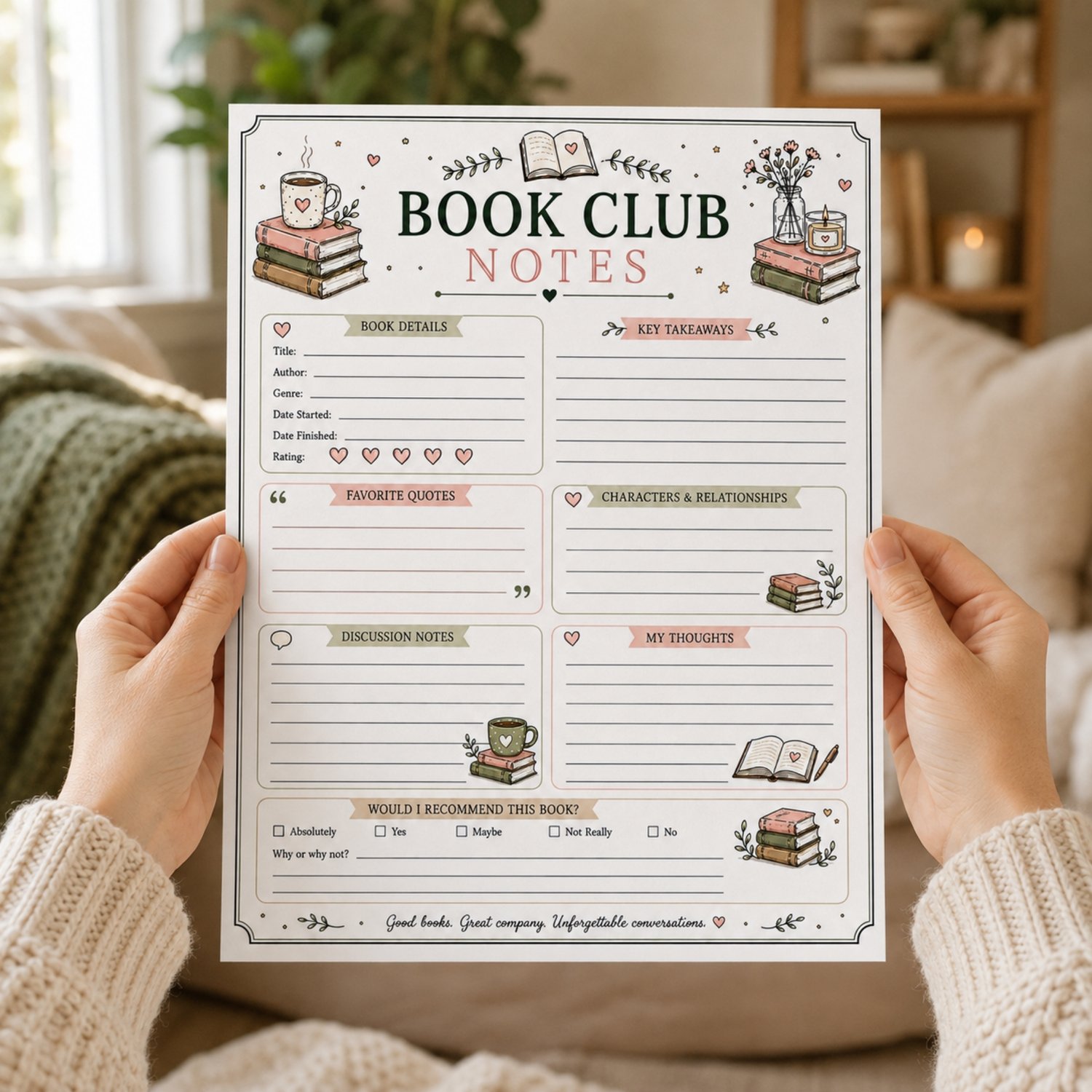 Cozy printable book club notes page with sections for book details, rating, key takeaways, favourite quotes, characters, discussion notes, personal thoughts and recommendation, decorated with books, flowers, candles and coffee in muted pink and green.
