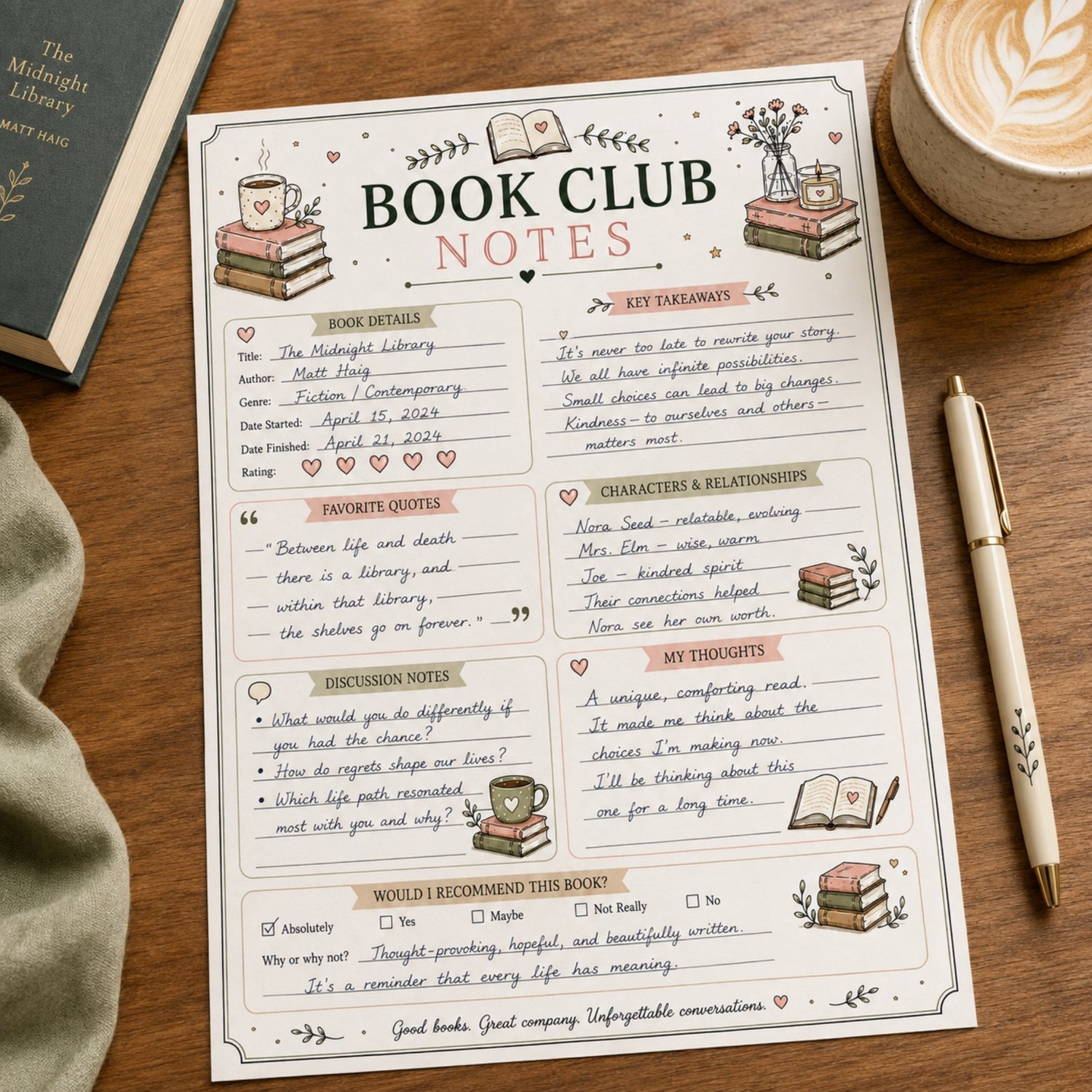 Cozy printable book club notes page with sections for book details, rating, key takeaways, favourite quotes, characters, discussion notes, personal thoughts and recommendation, decorated with books, flowers, candles and coffee in muted pink and green.