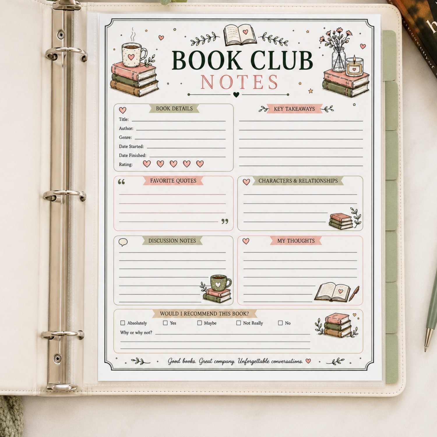 Cozy printable book club notes page with sections for book details, rating, key takeaways, favourite quotes, characters, discussion notes, personal thoughts and recommendation, decorated with books, flowers, candles and coffee in muted pink and green.