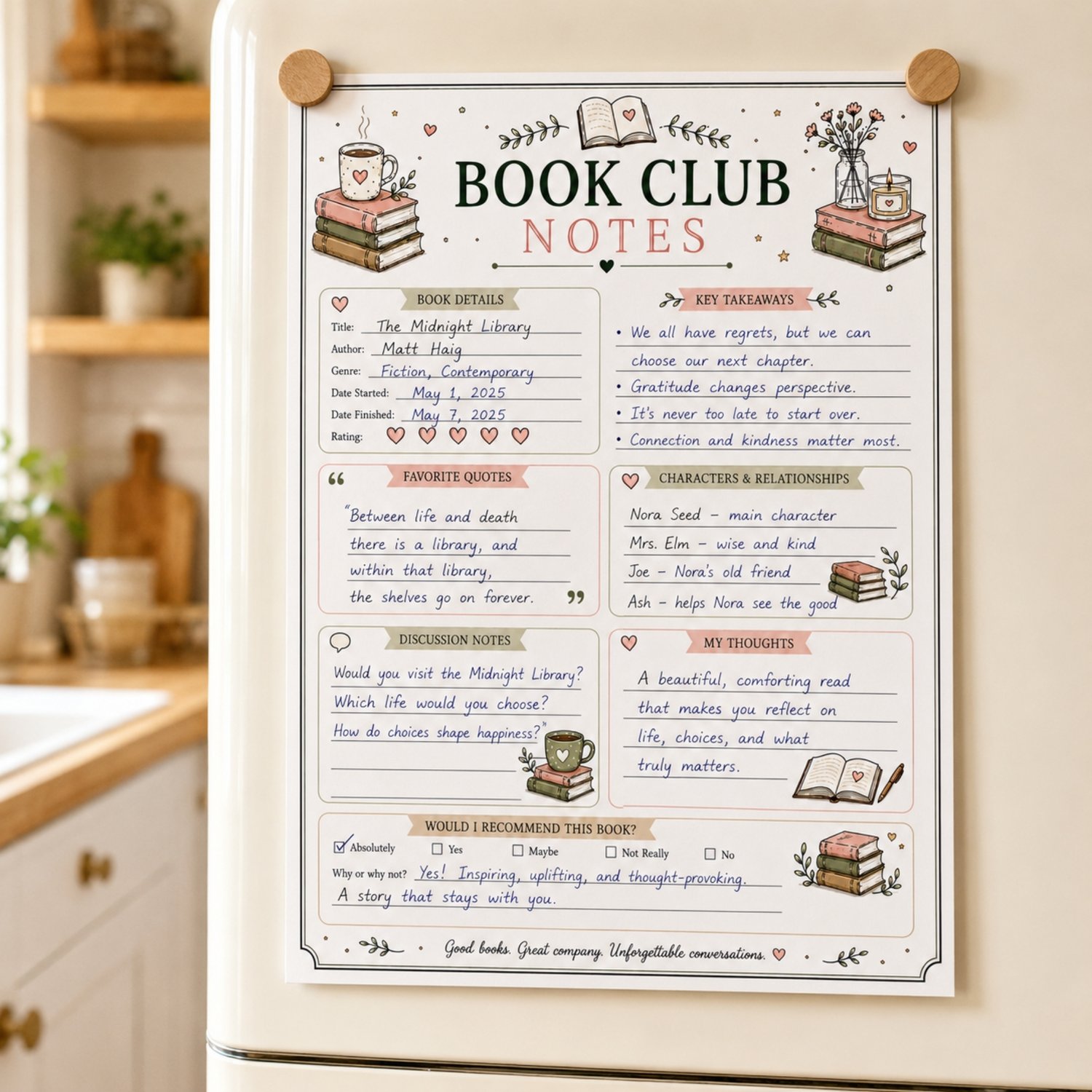 Cozy printable book club notes page with sections for book details, rating, key takeaways, favourite quotes, characters, discussion notes, personal thoughts and recommendation, decorated with books, flowers, candles and coffee in muted pink and green.