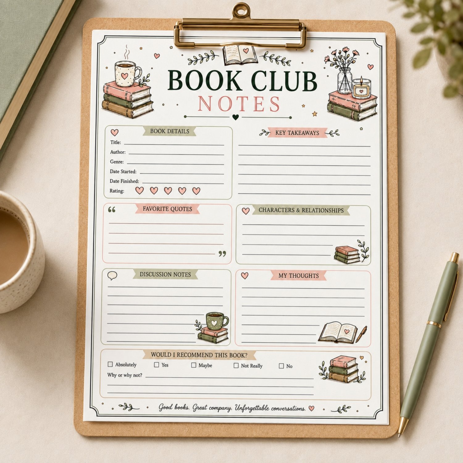 Cozy printable book club notes page with sections for book details, rating, key takeaways, favourite quotes, characters, discussion notes, personal thoughts and recommendation, decorated with books, flowers, candles and coffee in muted pink and green.