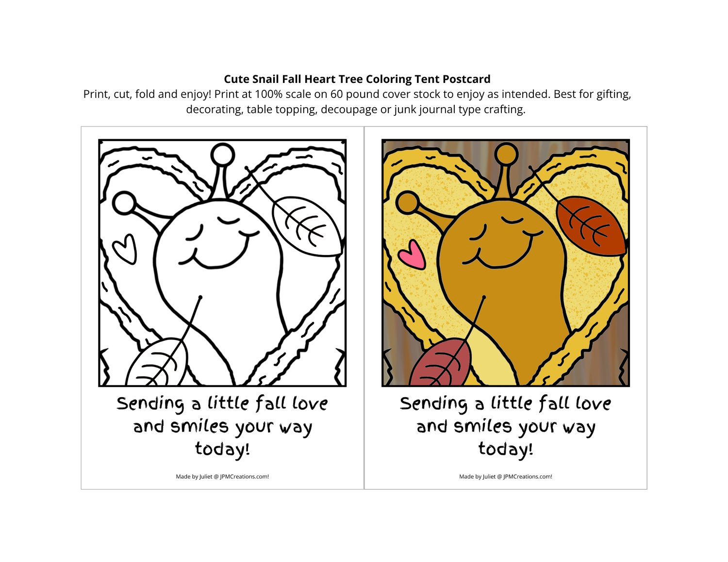 Cute Snail Fall Heart Tree Coloring Postcard
