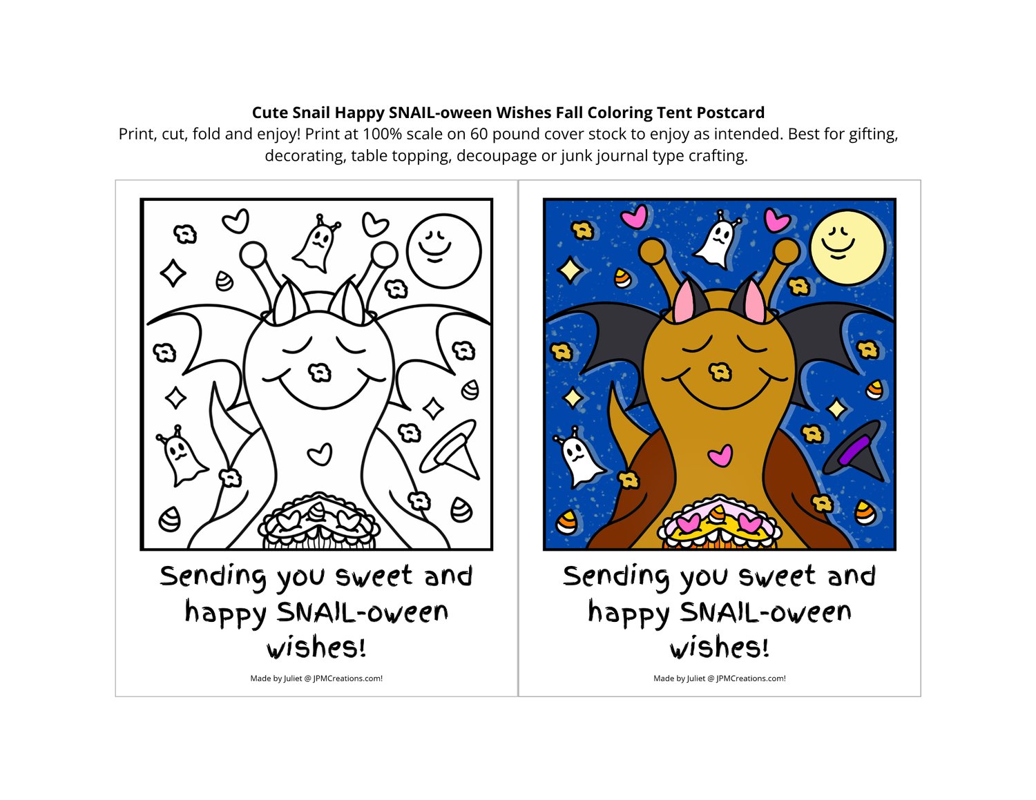 Cute Snail Happy SNAIL-oween Halloween Wishes Coloring Postcard