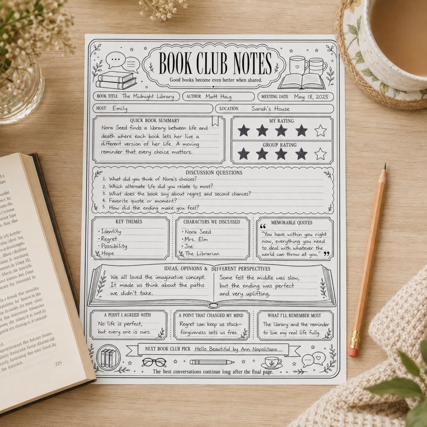 Black-and-white US Letter Book Club Notes printable with spaces for the book title, author, meeting details, summary, ratings, discussion questions, themes, characters, quotes and reading reflections.