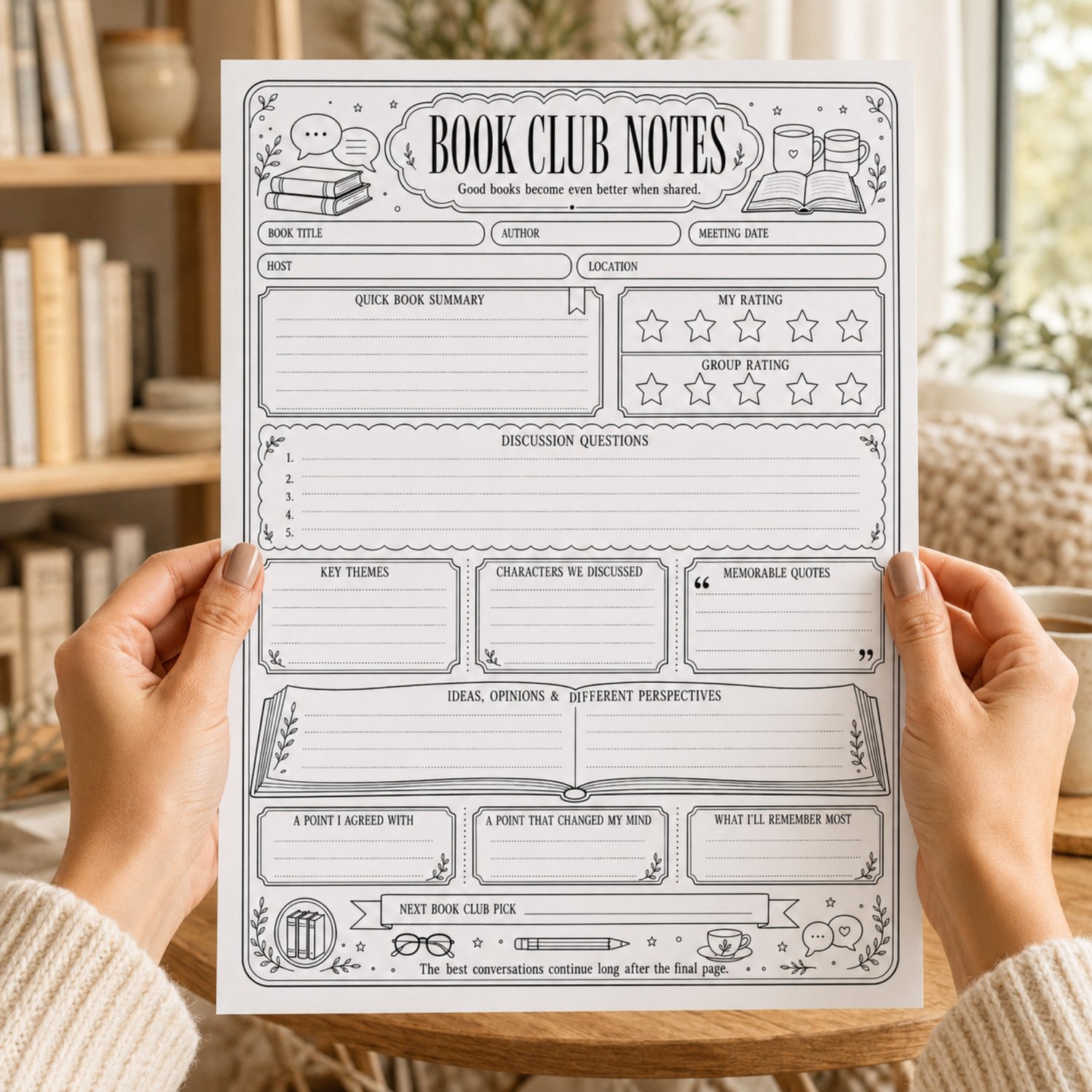 Black-and-white US Letter Book Club Notes printable with spaces for the book title, author, meeting details, summary, ratings, discussion questions, themes, characters, quotes and reading reflections.