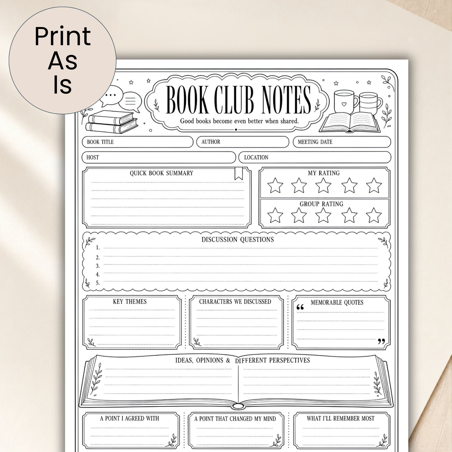 Black-and-white US Letter Book Club Notes printable with spaces for the book title, author, meeting details, summary, ratings, discussion questions, themes, characters, quotes and reading reflections.