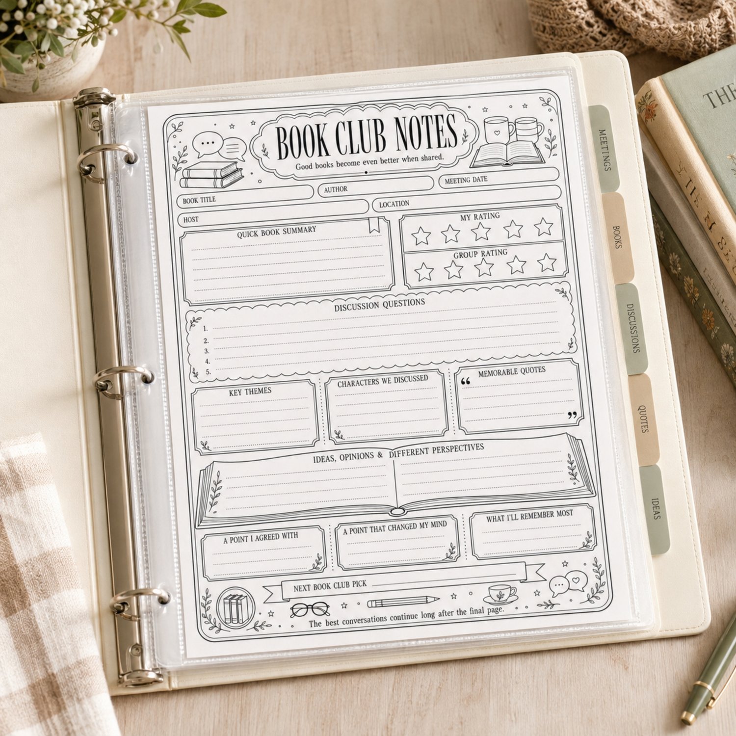 Black-and-white US Letter Book Club Notes printable with spaces for the book title, author, meeting details, summary, ratings, discussion questions, themes, characters, quotes and reading reflections.