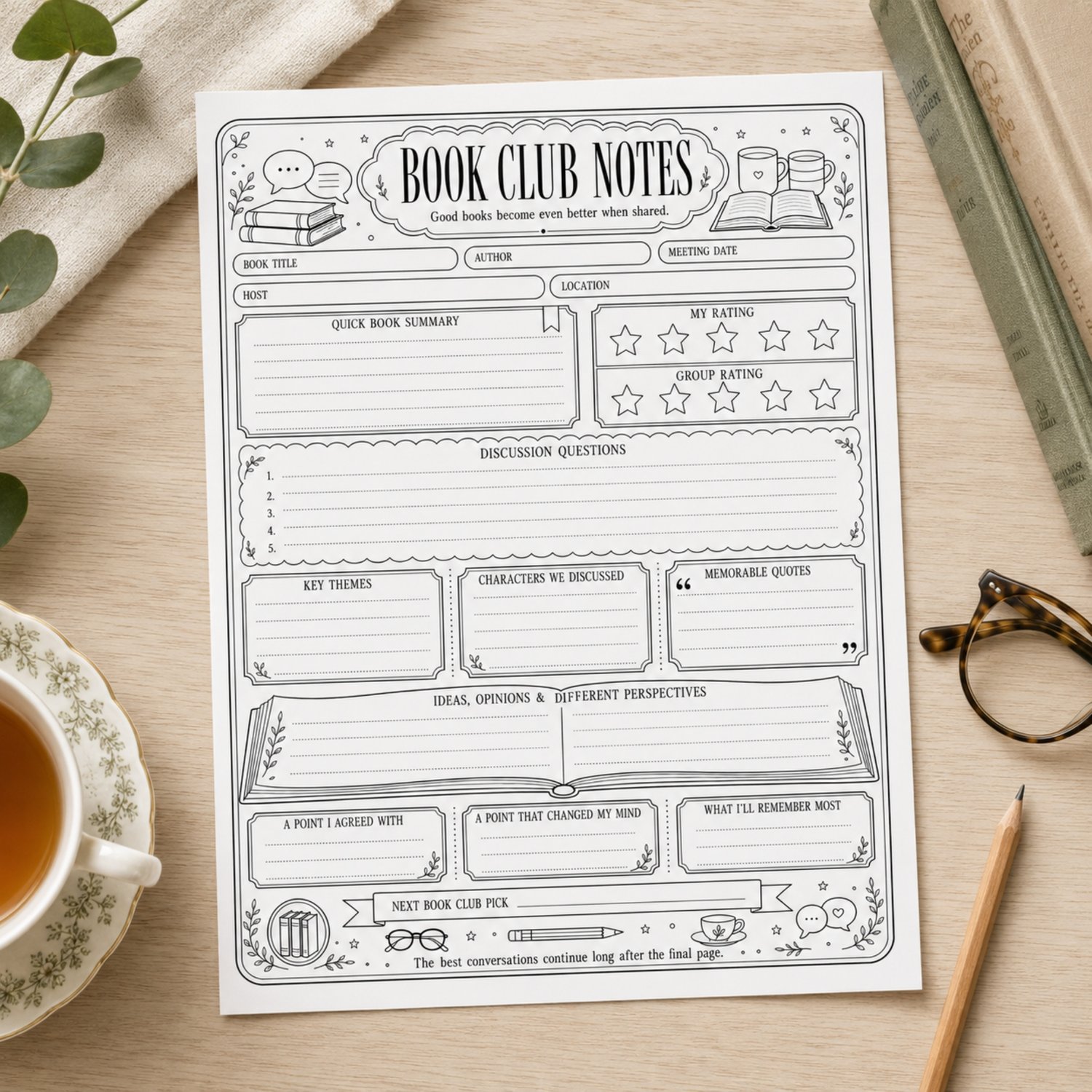 Black-and-white US Letter Book Club Notes printable with spaces for the book title, author, meeting details, summary, ratings, discussion questions, themes, characters, quotes and reading reflections.