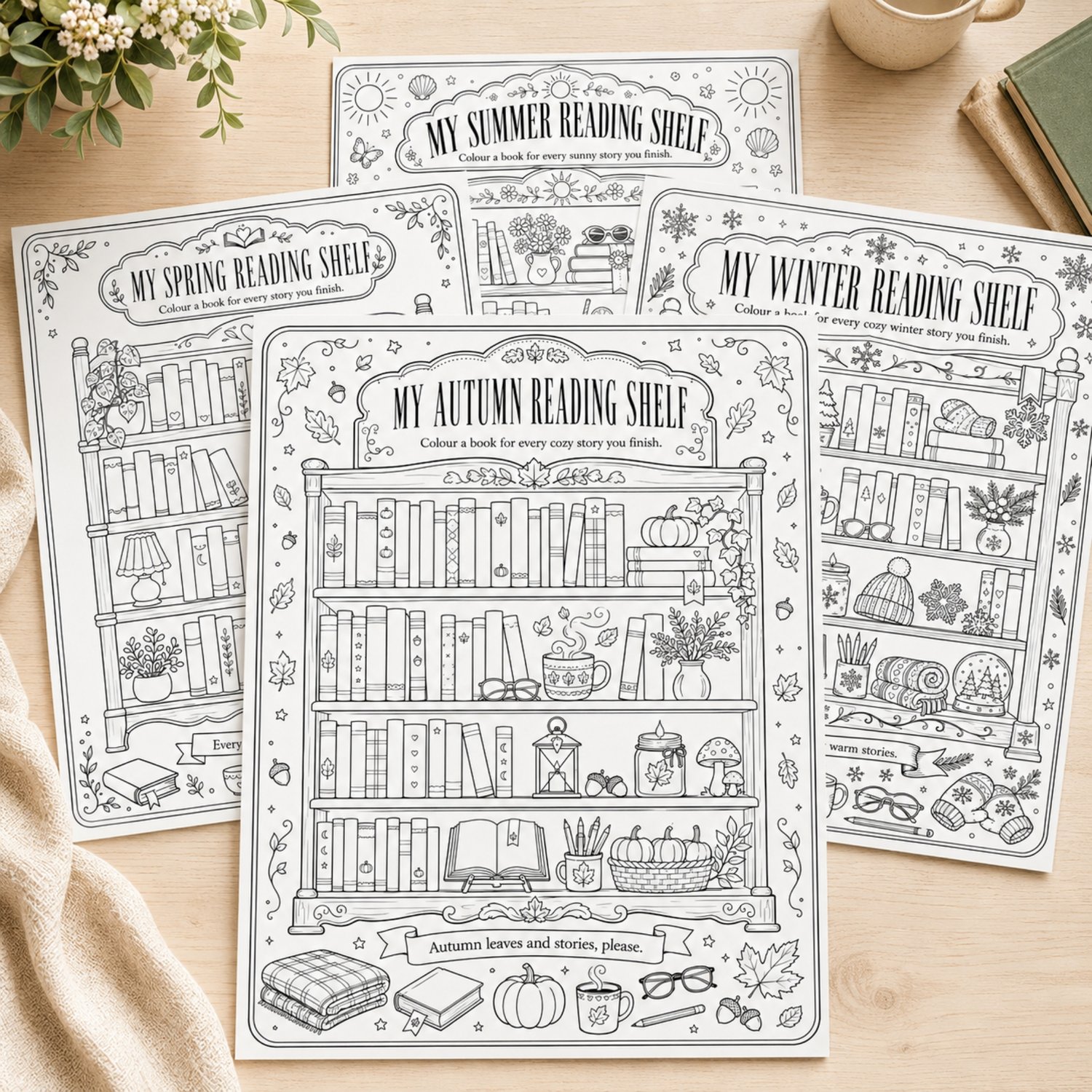 Set of four printable seasonal reading bookshelf coloring pages featuring detail