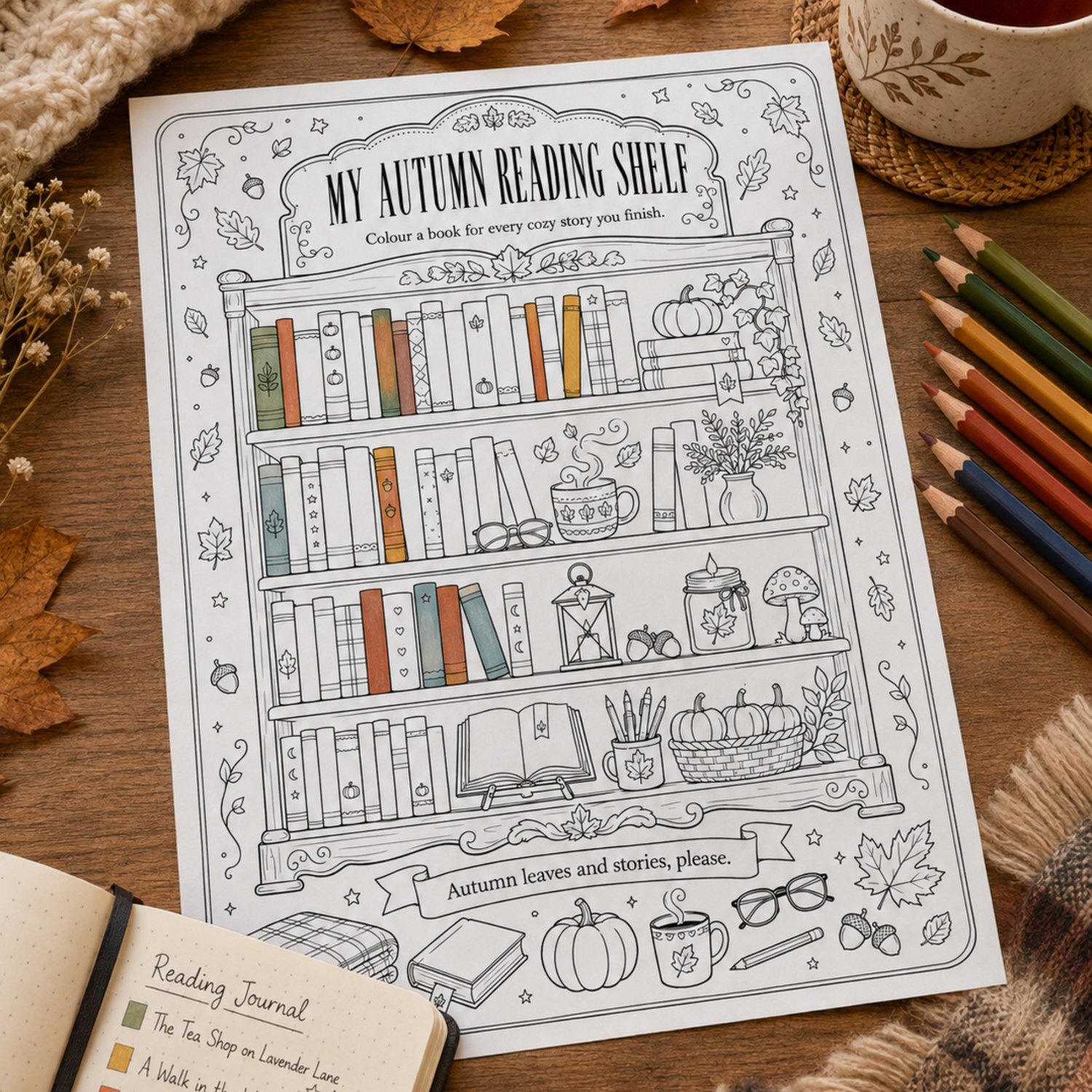 Set of four printable seasonal reading bookshelf coloring pages featuring detail
