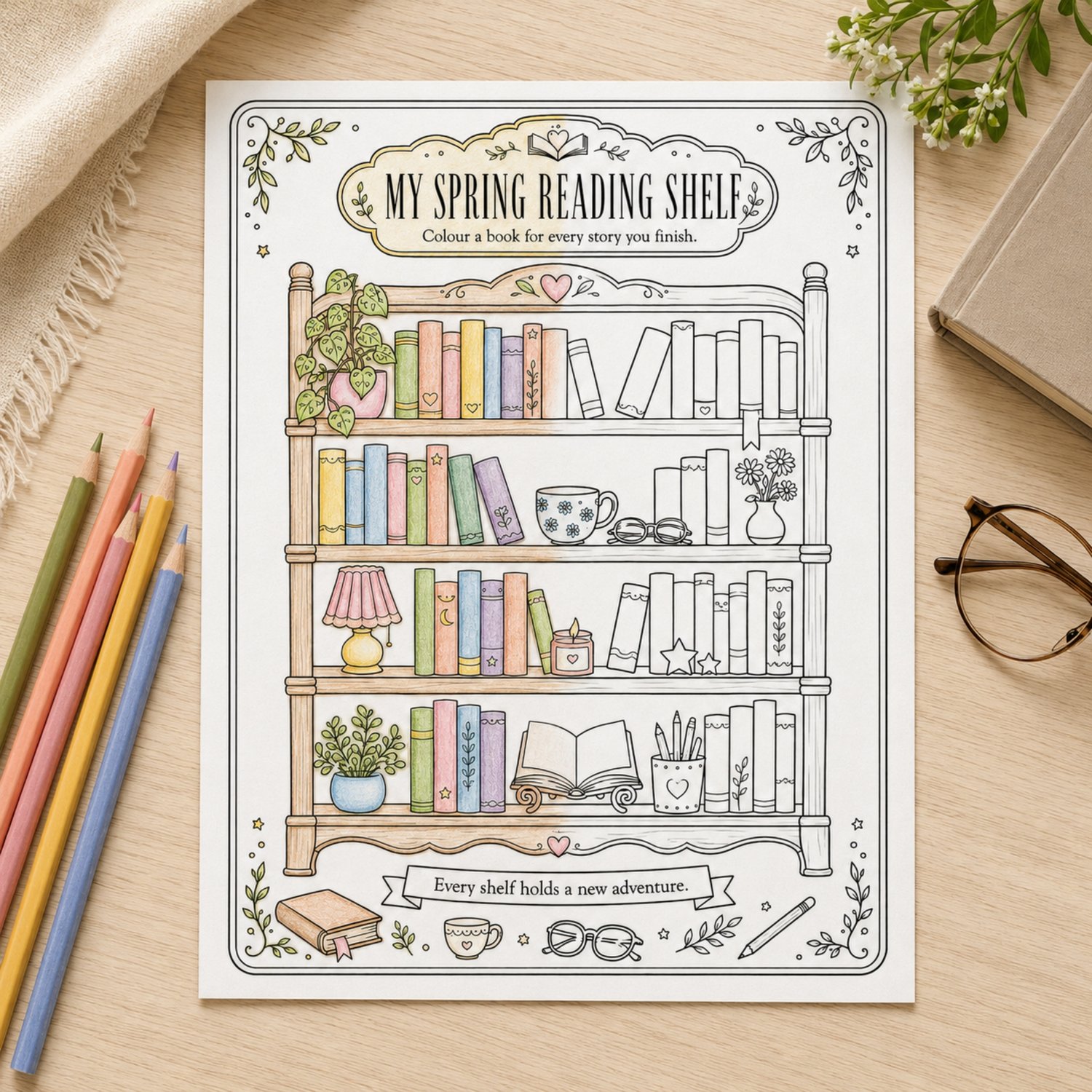 Set of four printable seasonal reading bookshelf coloring pages featuring detail