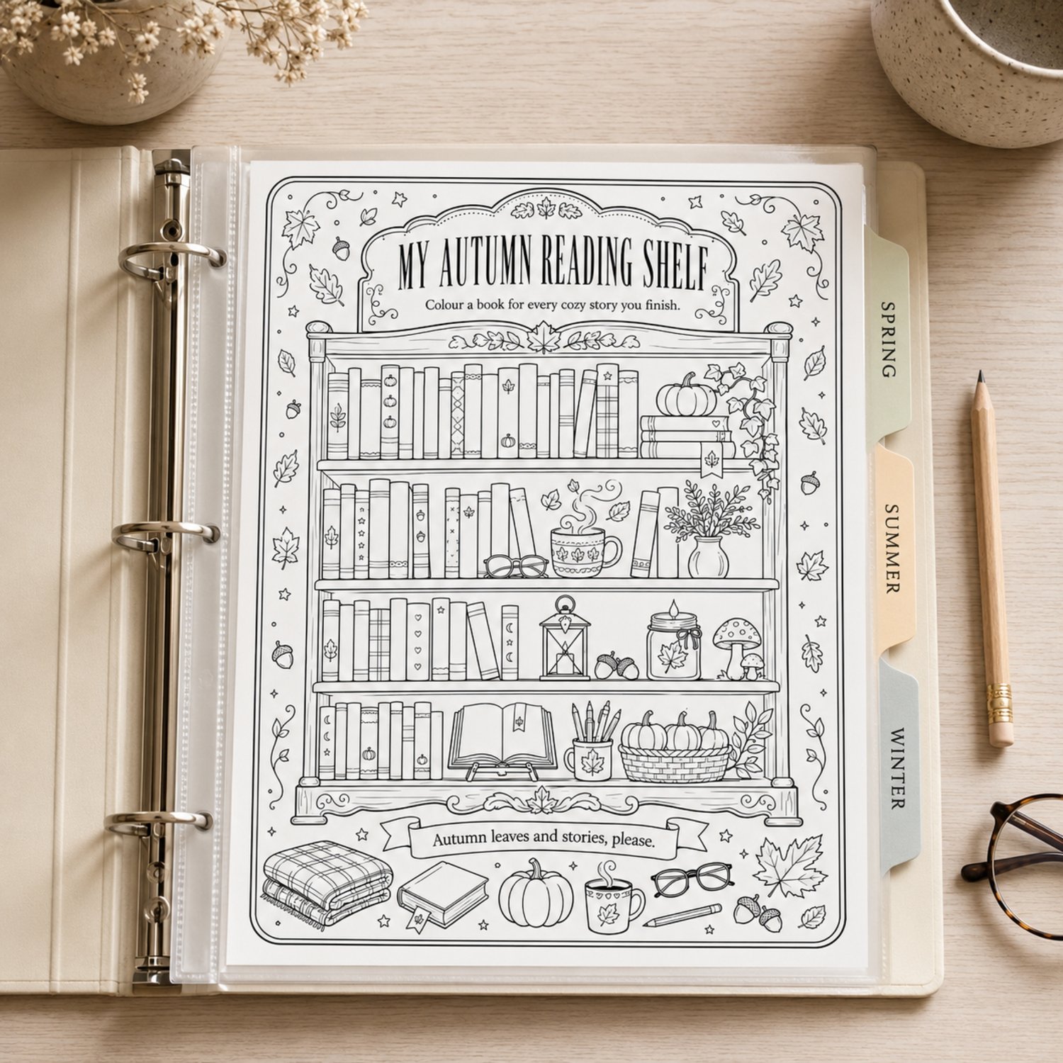Set of four printable seasonal reading bookshelf coloring pages featuring detail