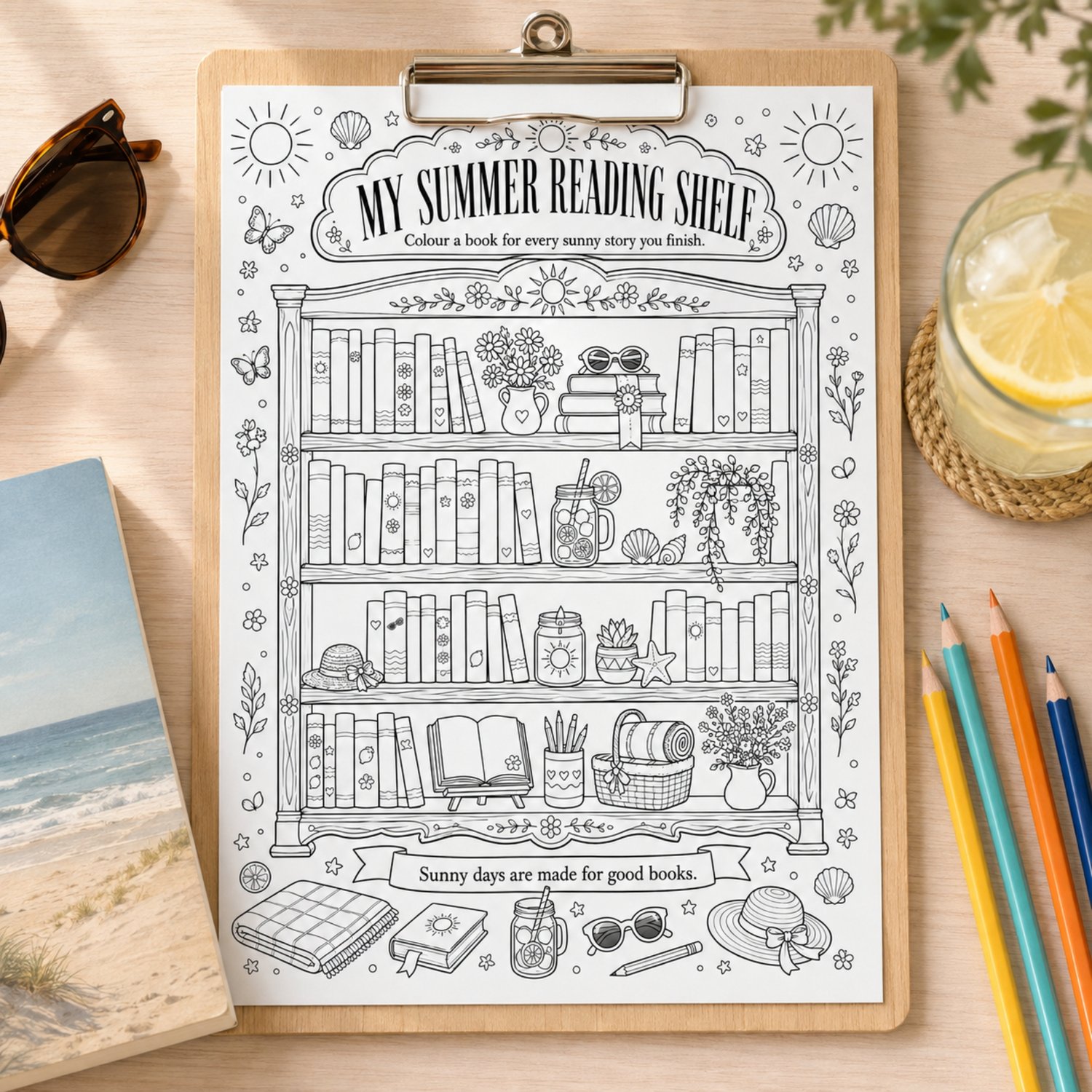 Set of four printable seasonal reading bookshelf coloring pages featuring detail